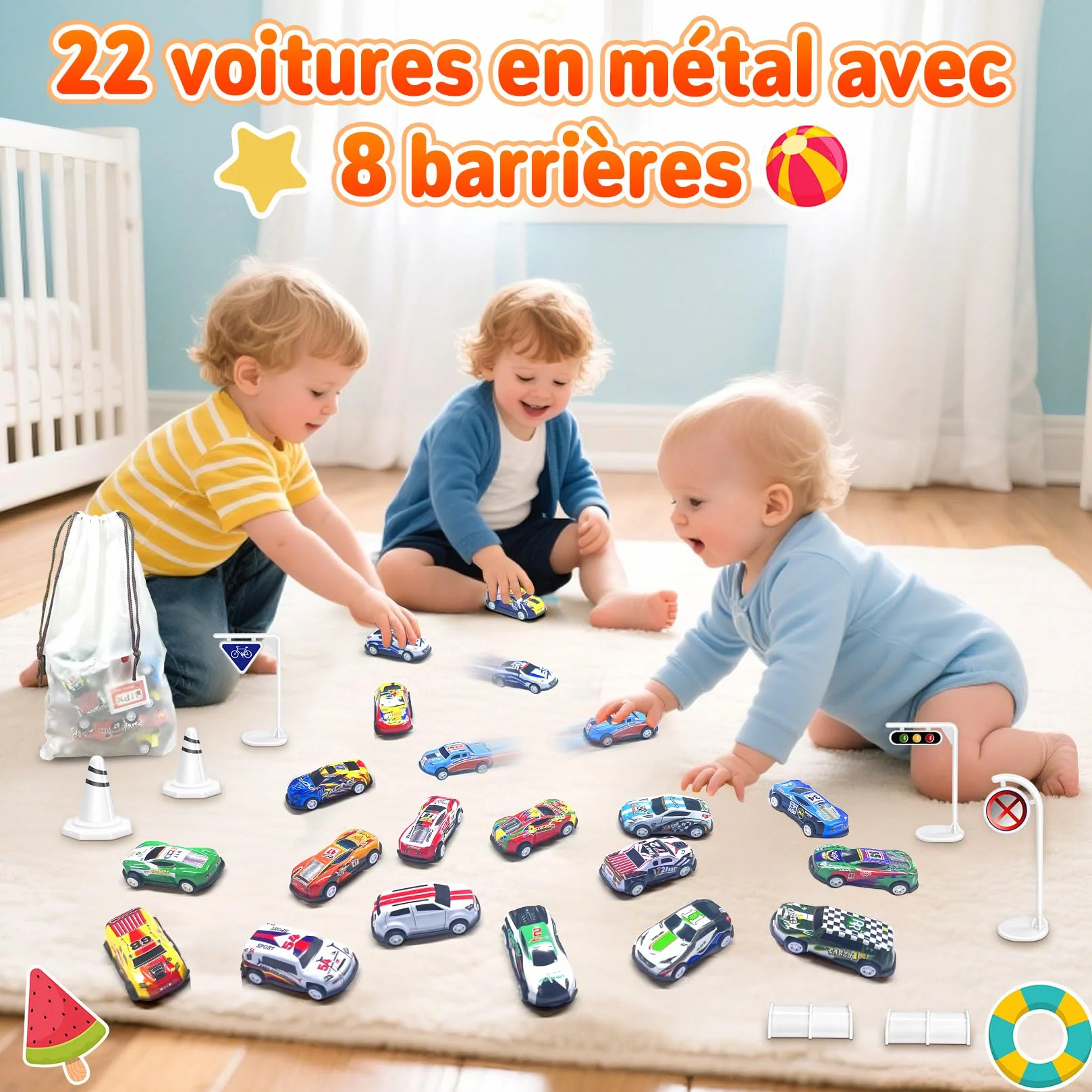 Coffret Petite Voiture Enfant, Lot Voiture Miniature en Metal 1/64, 22 Voitures Jouets avec 8 Barrage Routier, Voiture à Friction pour Enfants 3-8 Ans