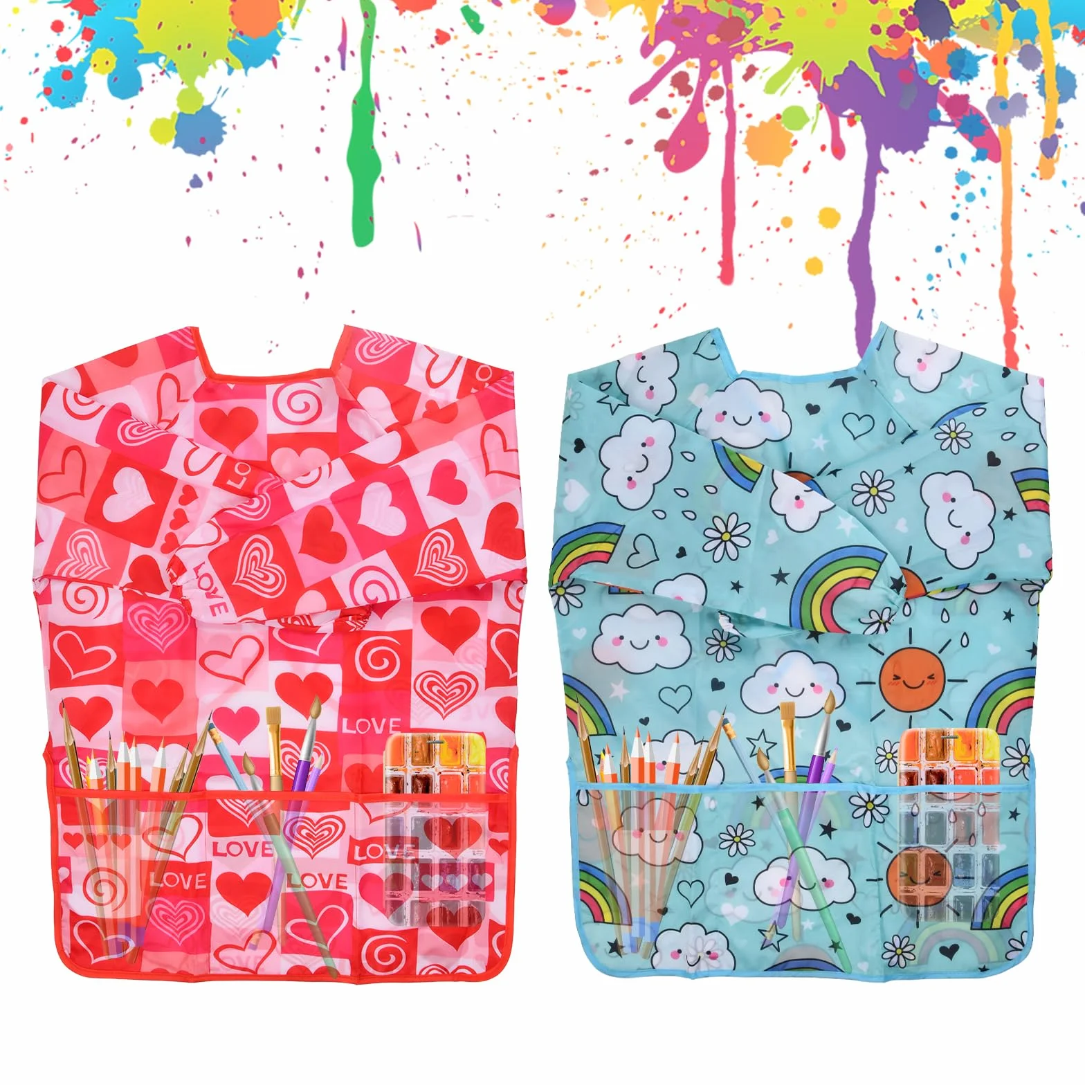 Tablier d'art pour Enfants 3-8 Ans - 2Pcs Blouse Peinture en Nylon Imperméable avec Manches et Poches