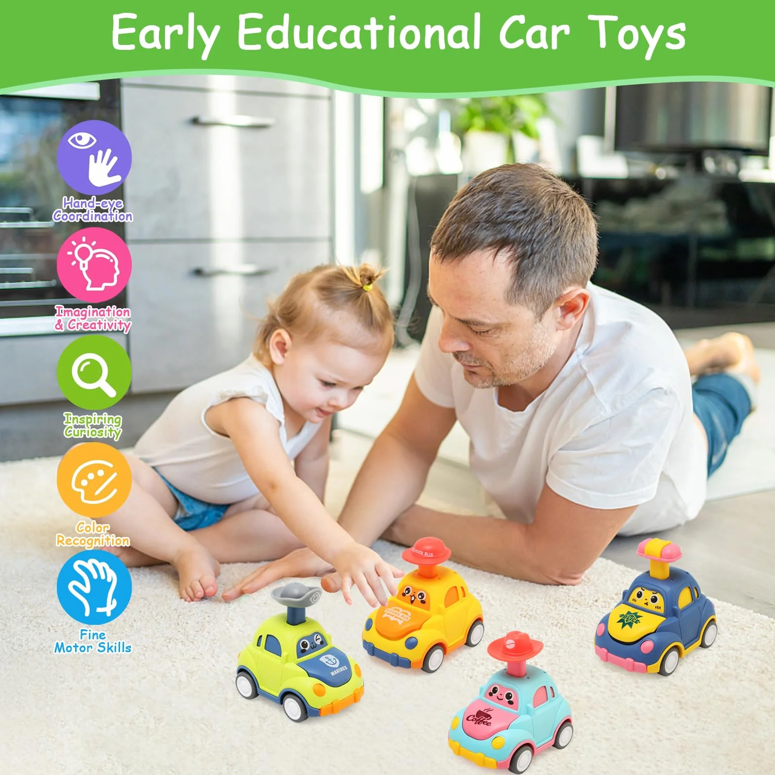 Voiture Enfant 1-3 Ans, 4 Pièces Press and Go Jouet Friction Bebe 12-18 Mois, Véhicules Éducatifs Cadeau Garçons Filles