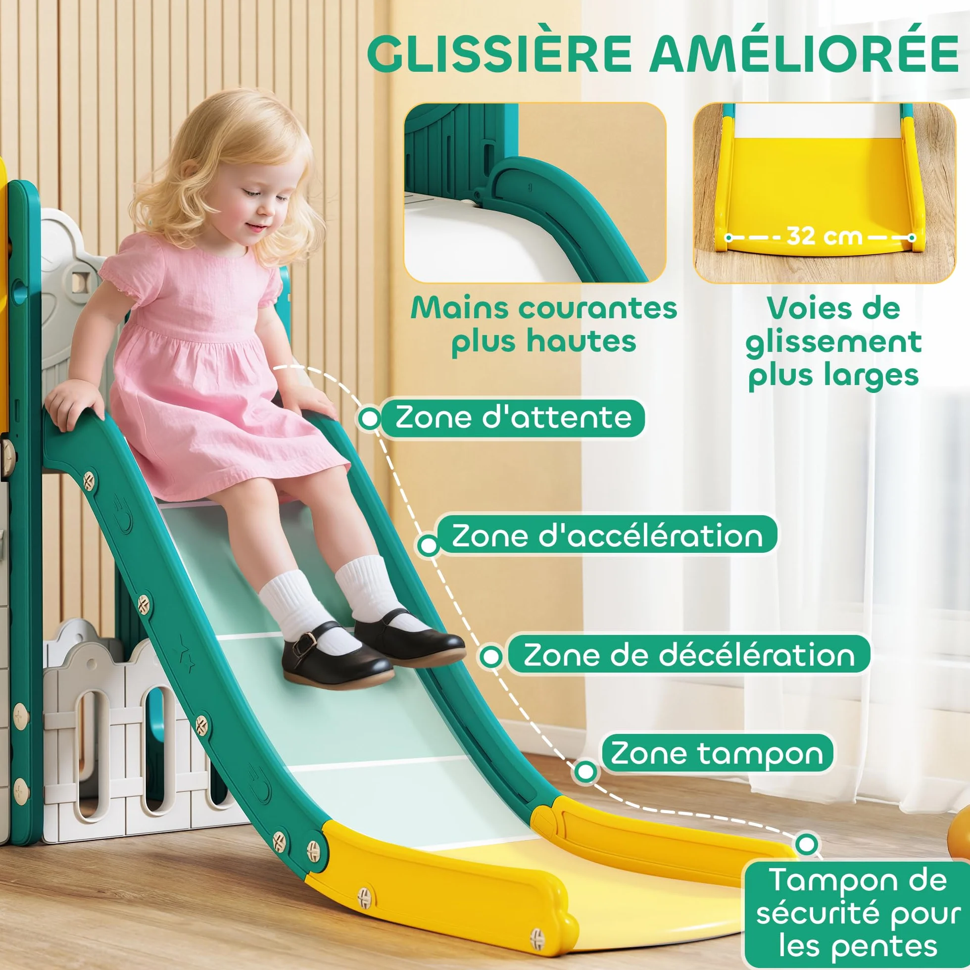 AIYAPLAY Toboggan 7 en 1 pour Enfant avec Panier de Basket, Tunnel, Escalade, Aire de Jeux intérieur et extérieur 1-3 Ans Jaune