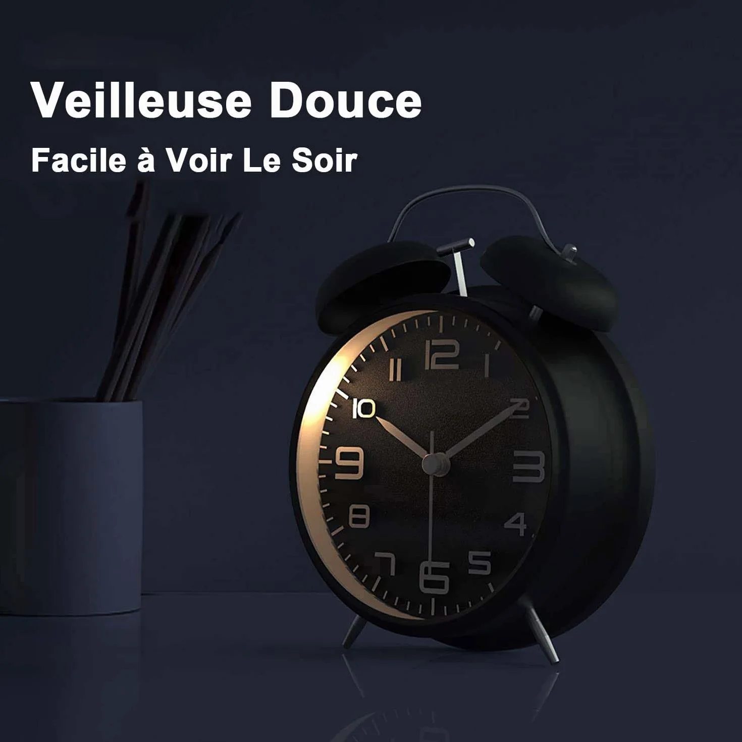 Reveil Vintage Double Cloche avec Veilleuse - Analogique, Grand Cadran 16 cm, Silencieux sans Tic-Tac (Noir)