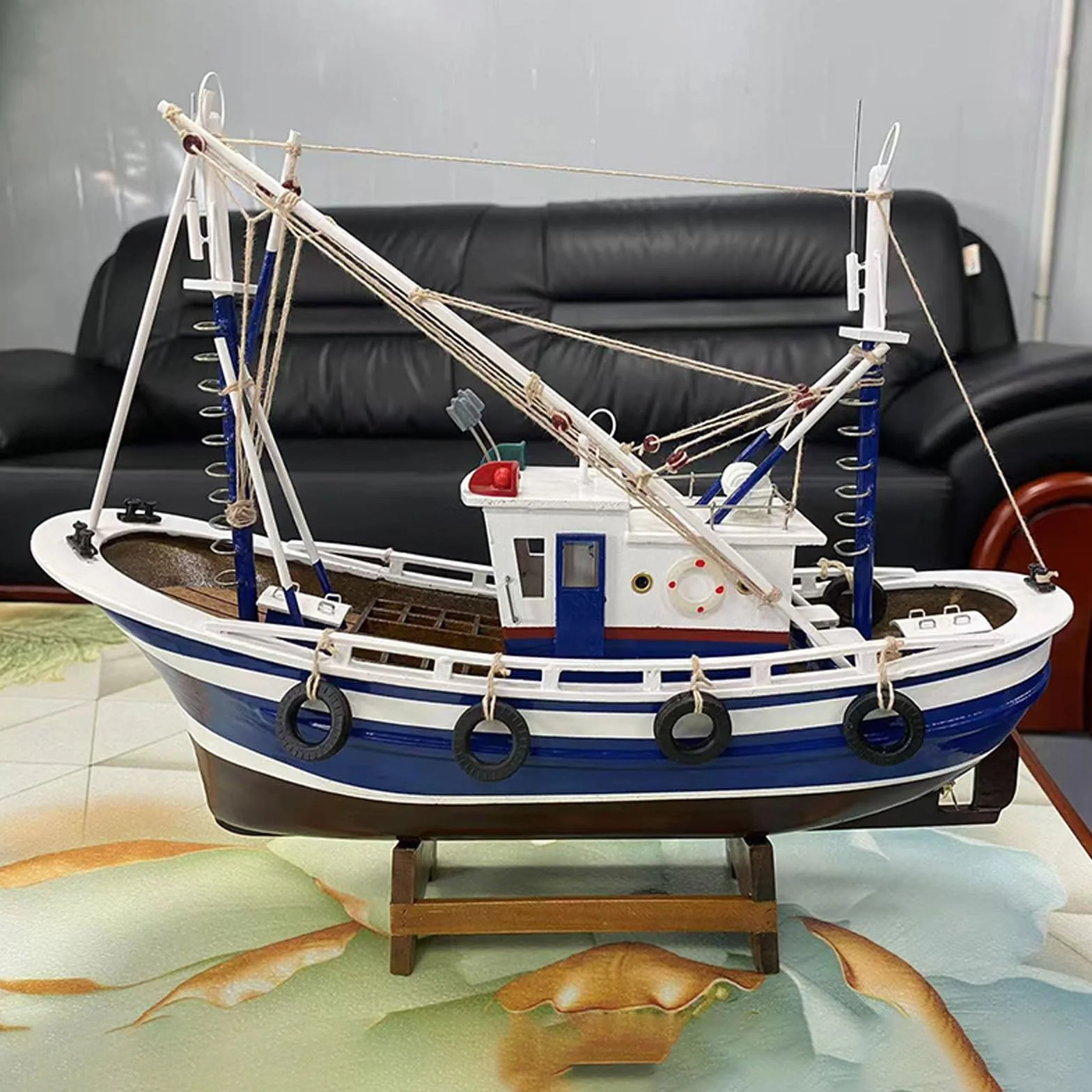 YLME Maquette De Bateau Maquette Finie De Bateau De Pêche Simuler Décoration De Bateau De Pêche en Bois Faite À La Main Décoration De La Maison Cadeau Souvenir,Bleu