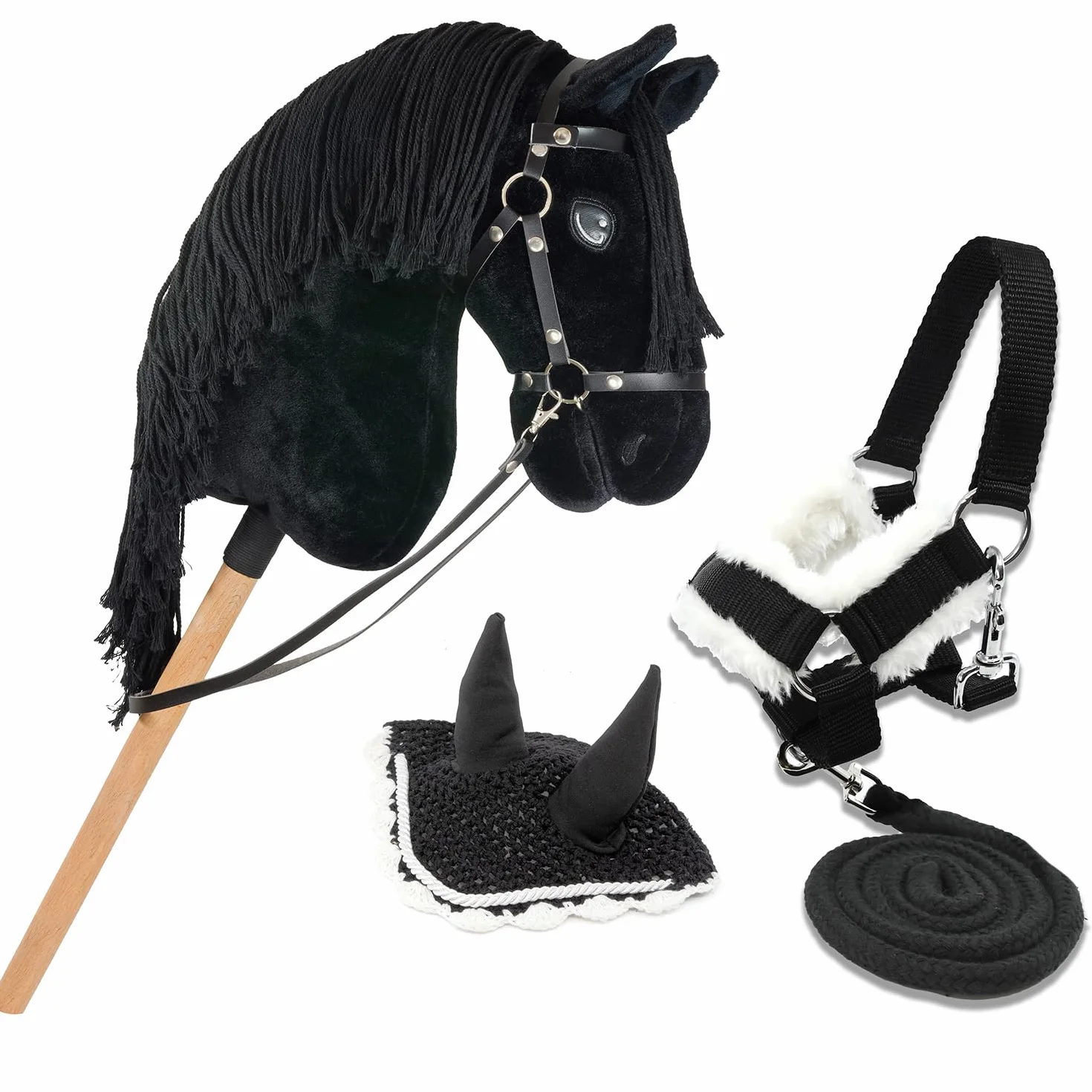 Hobby Horse Frison Noir Cheval bâton Complet avec Filet Mors Rêne Licol Bonnet Anti-Insectes