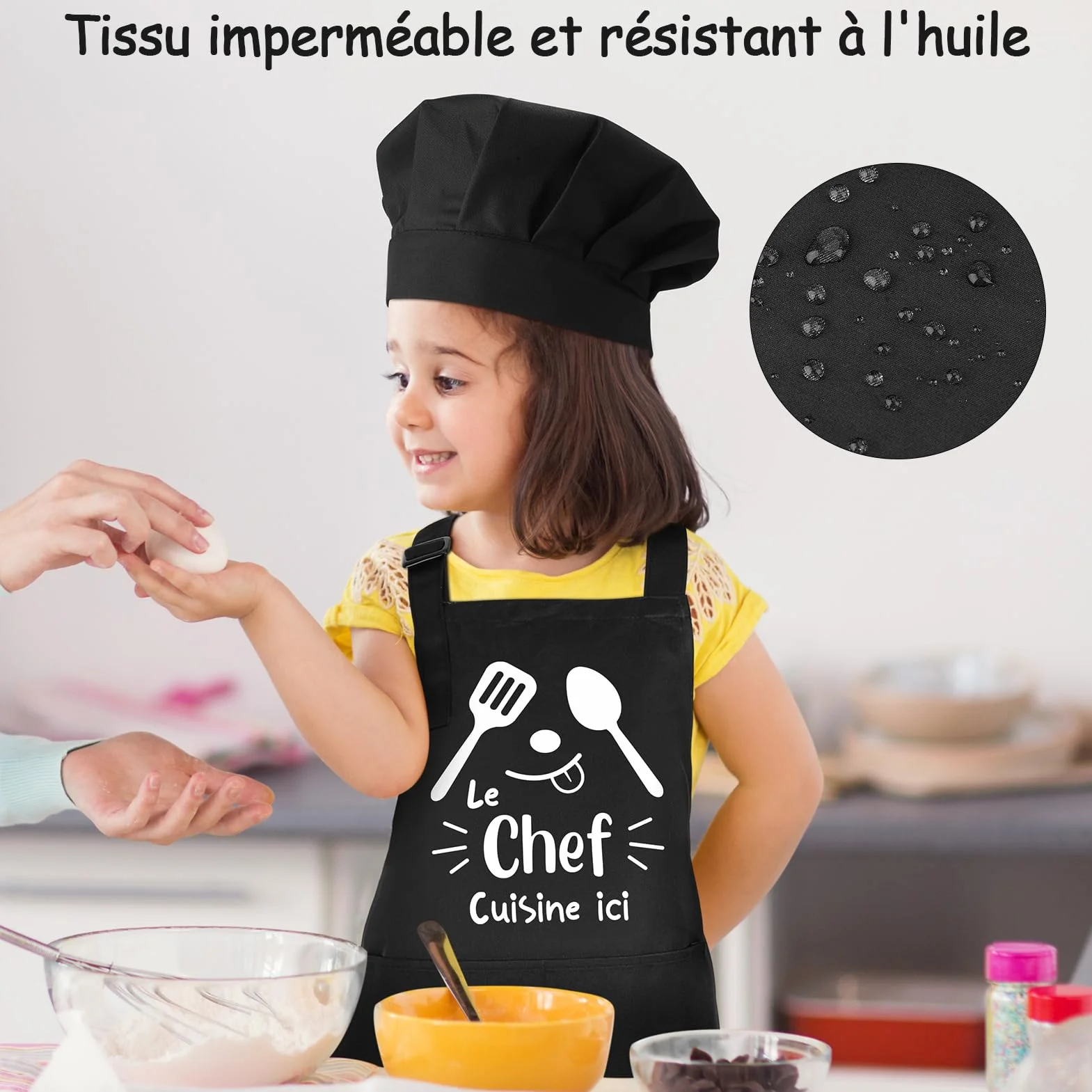 Tablier Enfant et Chapeau de Chef Réglables avec Poche pour Cuisine et Pâtisserie