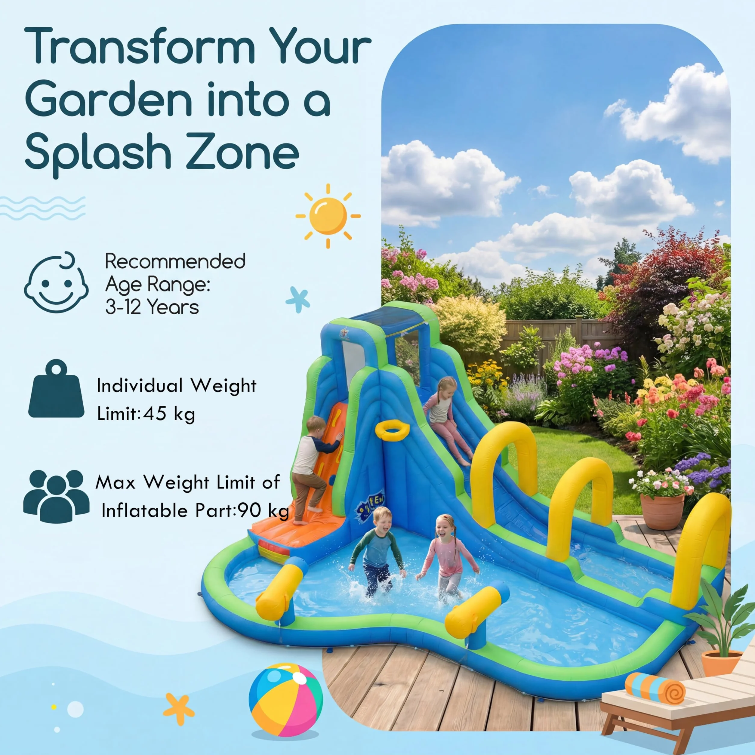 GIANTEX Château Gonflable avec Toboggan Aquatique, Aire de Jeux Gonflable pour Enfants 3-12 Ans