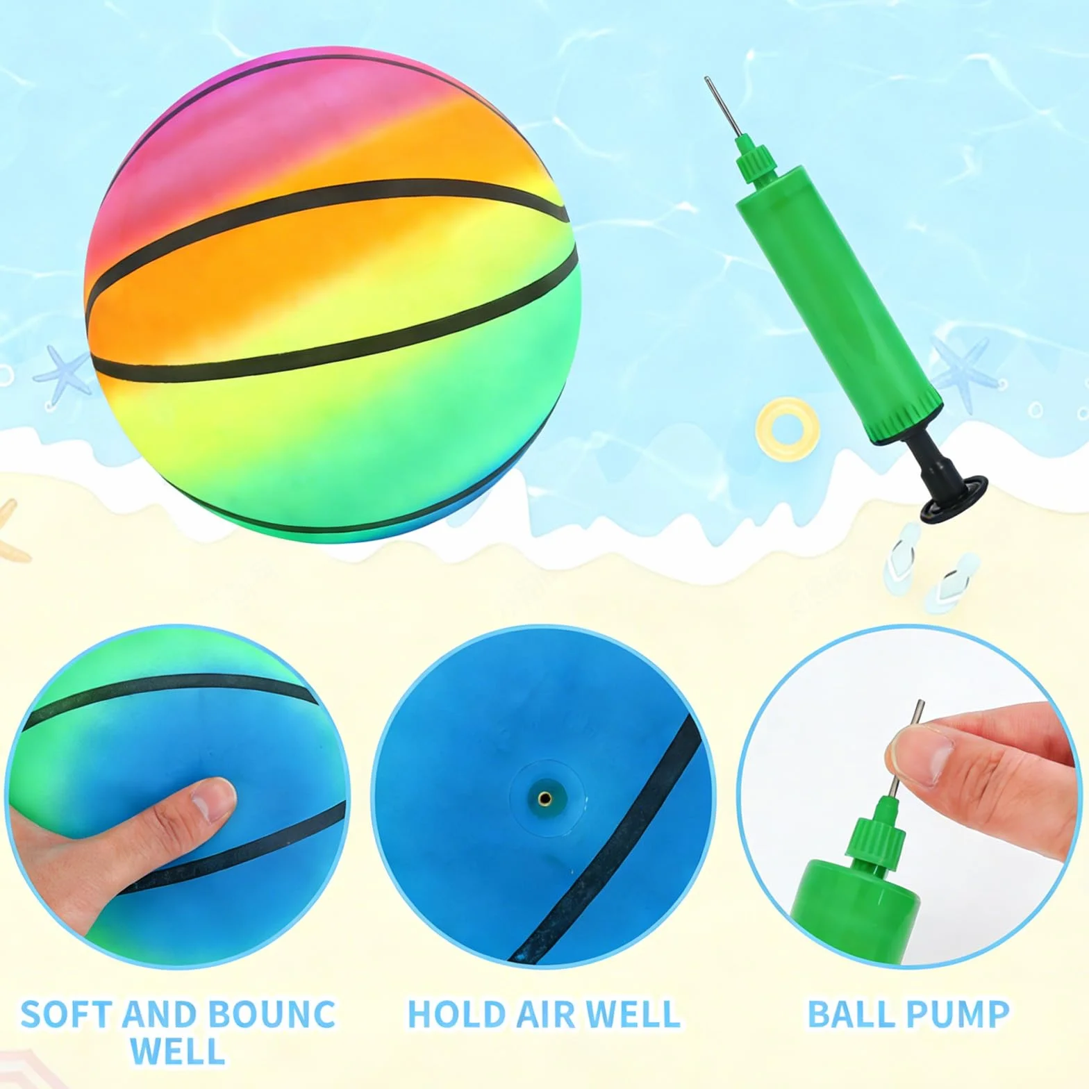 Ballon de Plage Gonflable 3 Pièces avec Pompe, Balle Rebondissante en PVC pour Enfants, Rainbow Jeu Molle Soccer Kickball