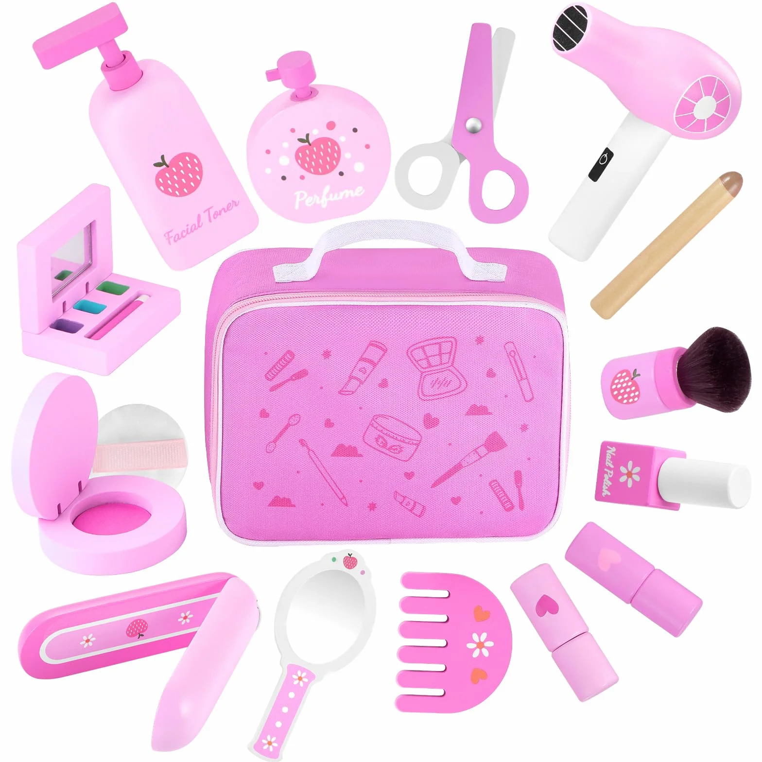 GAGAKU Set de Maquillage en Bois pour Enfants Montessori Jouets Makeup avec Sèche-Cheveux Miroir