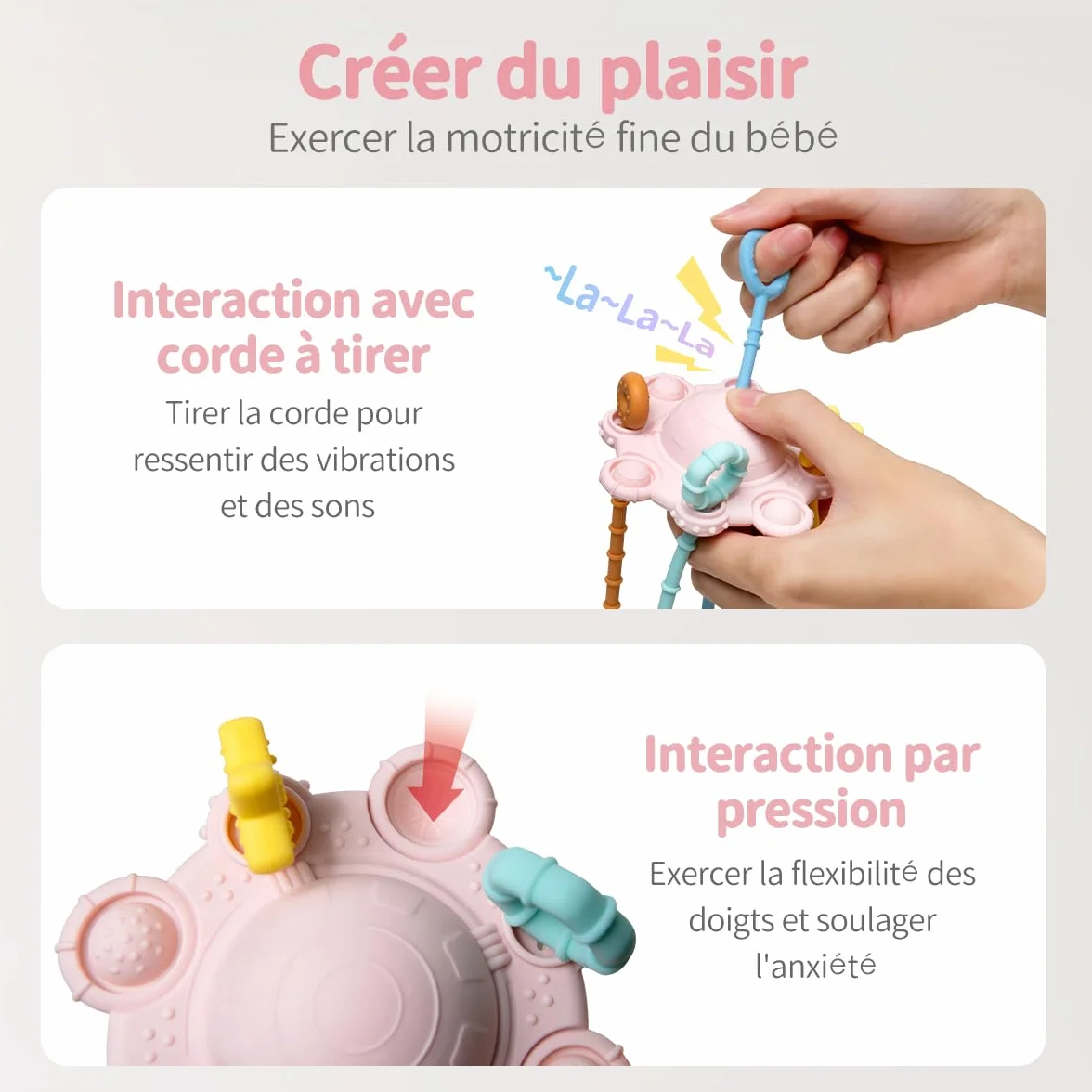 Jouet Montessori Motricité Fine Silicone Alimentaire Hochet Facile Nettoyer Poudré