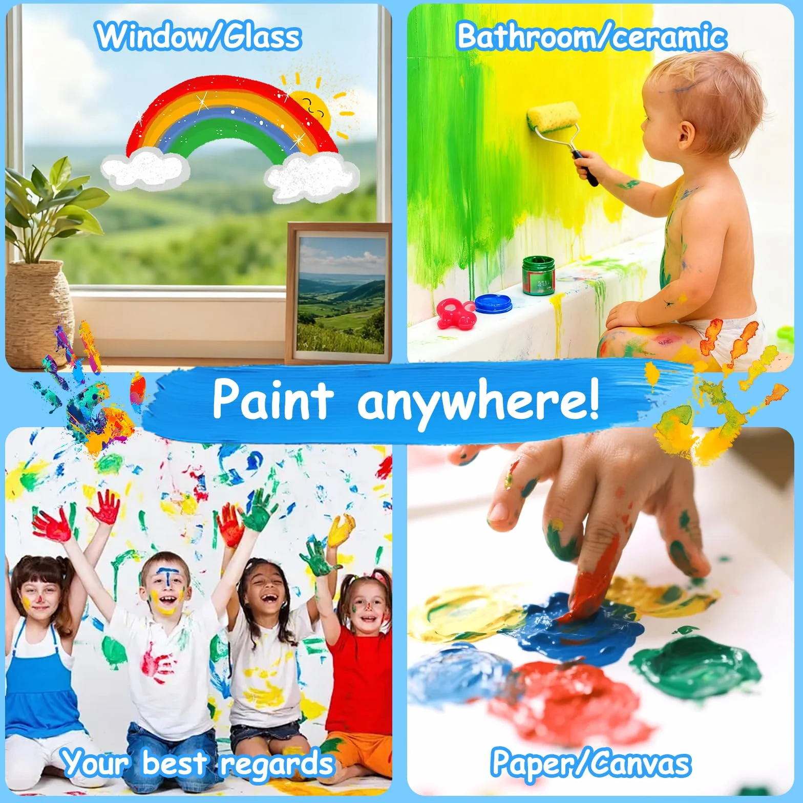 USHOP Kit Peinture au Doigt Lavable Enfants 51Pcs Non Toxique 12 Couleurs avec Pinceaux Palette Tablier