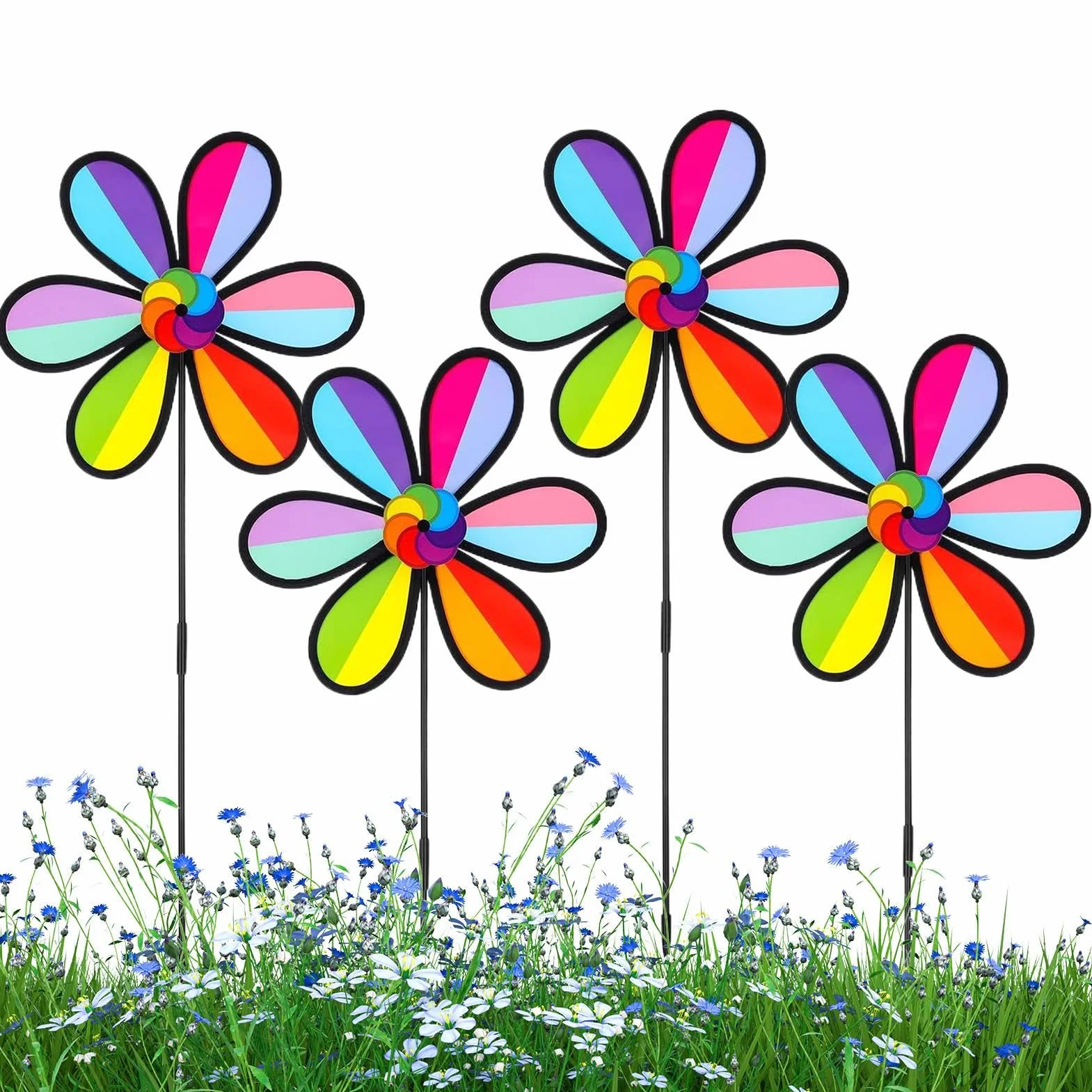 Lot de 4 moulins à vent d'extérieur en forme de pétale – Résistants aux intempéries, décoration jardin patio terrasse