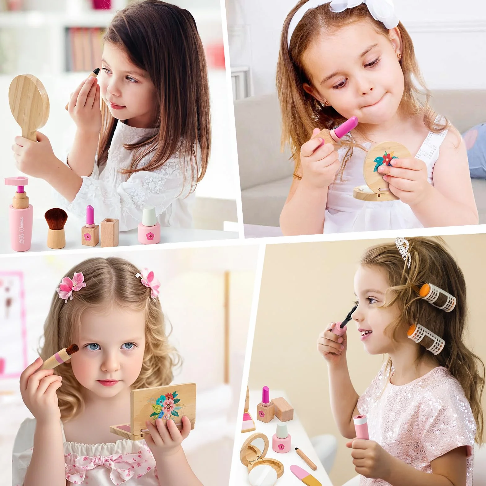 Coffret Maquillage Enfant Fille en Bois Jouet Maquillage Malette Accessoires Jeux Princesse Cadeau 3-8 Ans