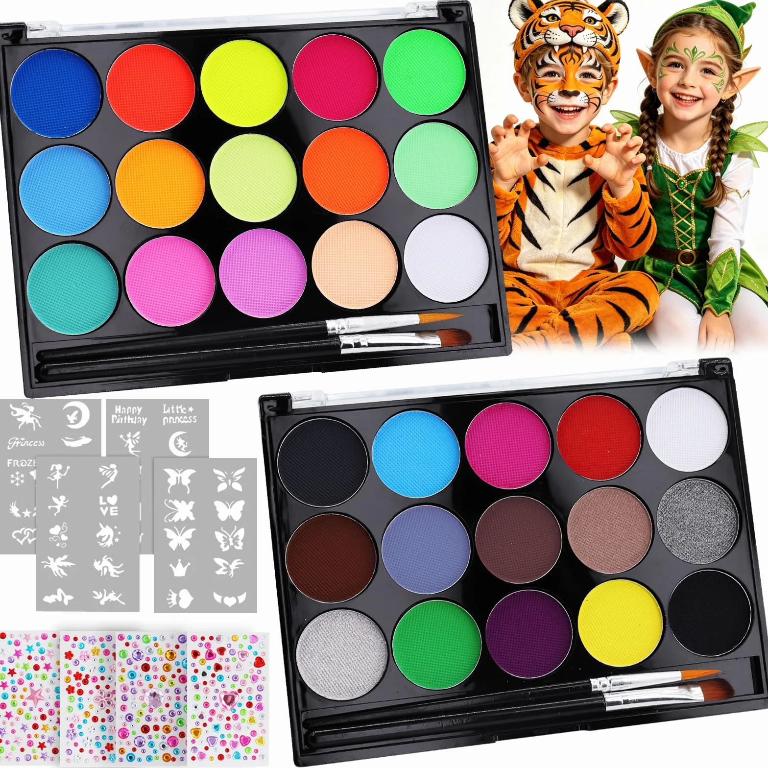 Peinture Corporelle Visage 30 Couleurs Palette Maquillage Enfants avec 4 Pinceaux 40 Pochoirs Bodypainting Halloween Noël Carnaval
