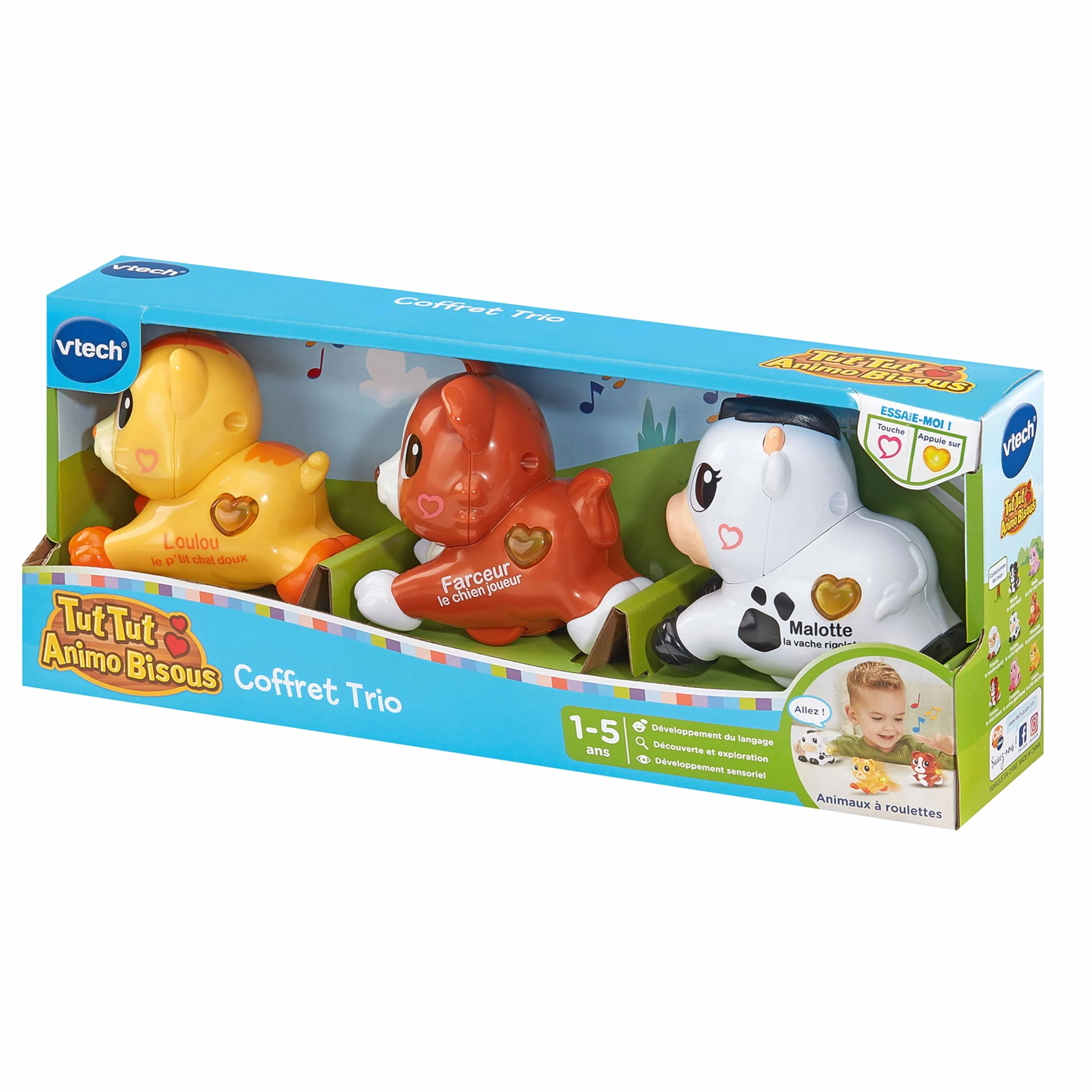 VTech Tut Tut Animo Bisous Coffret Trio 3 Animaux Interactifs à roulettes Chat Chien Vache Jouets Musicaux Cadeau Enfant 1-5 Ans