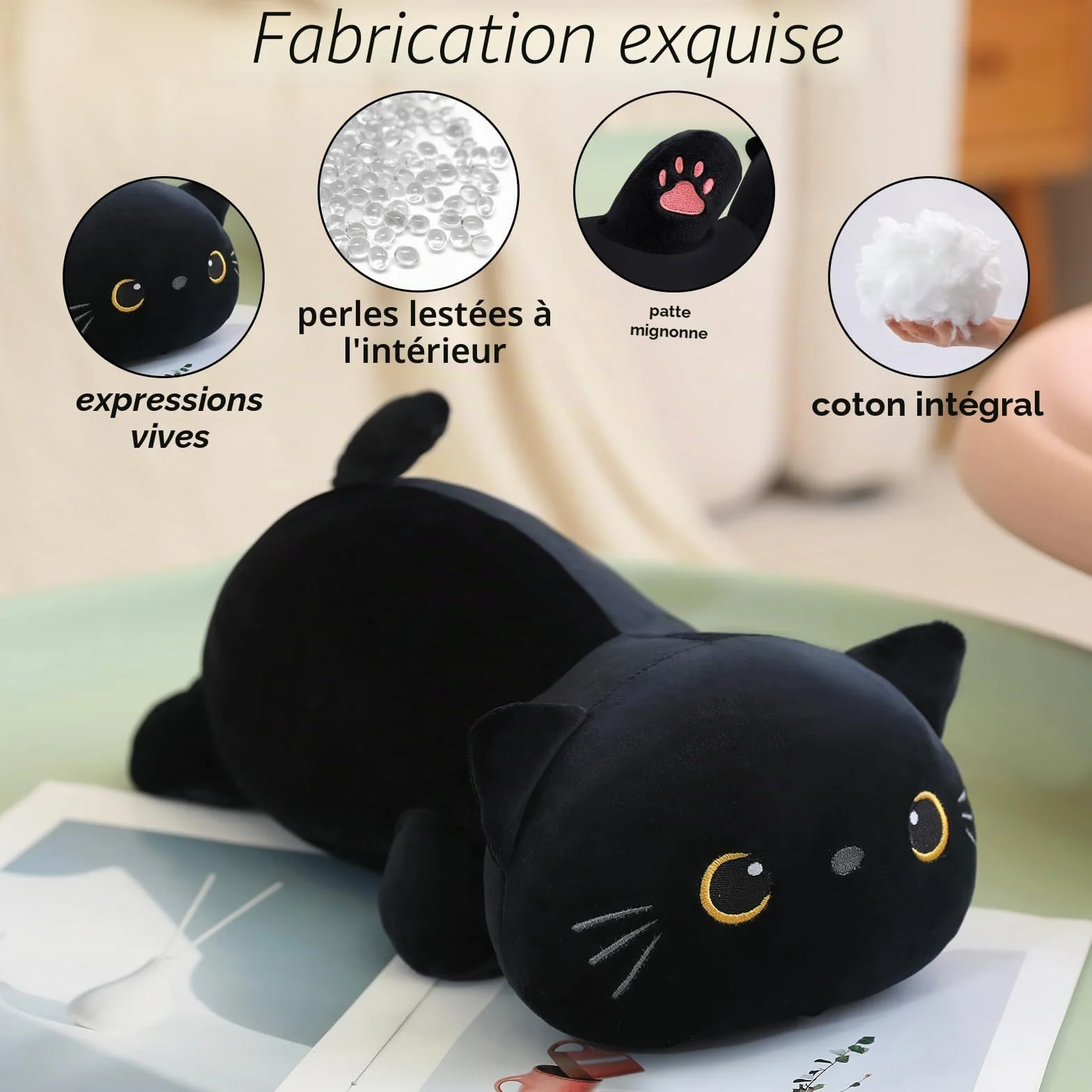 Chat Noir lesté en Peluche Animal en Forme de Chat Noir Oreiller Doux 24 cm 0,4 kg
