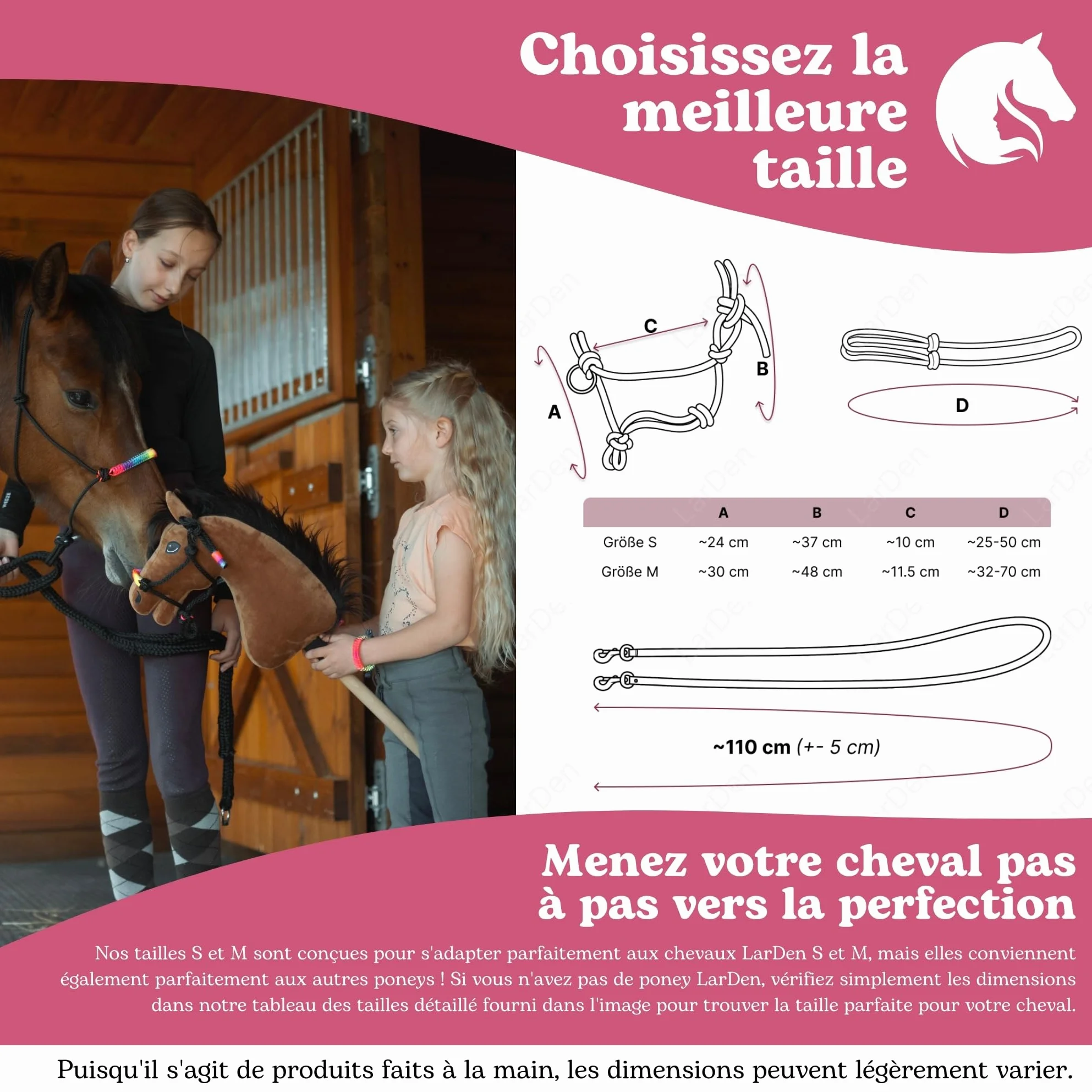 LarDen Hobby Horse Accessoires Ensemble de Corde Licol avec Rênes & Collier pour Cheval Bâton GR. S Arc-en-Ciel Fait à la Main