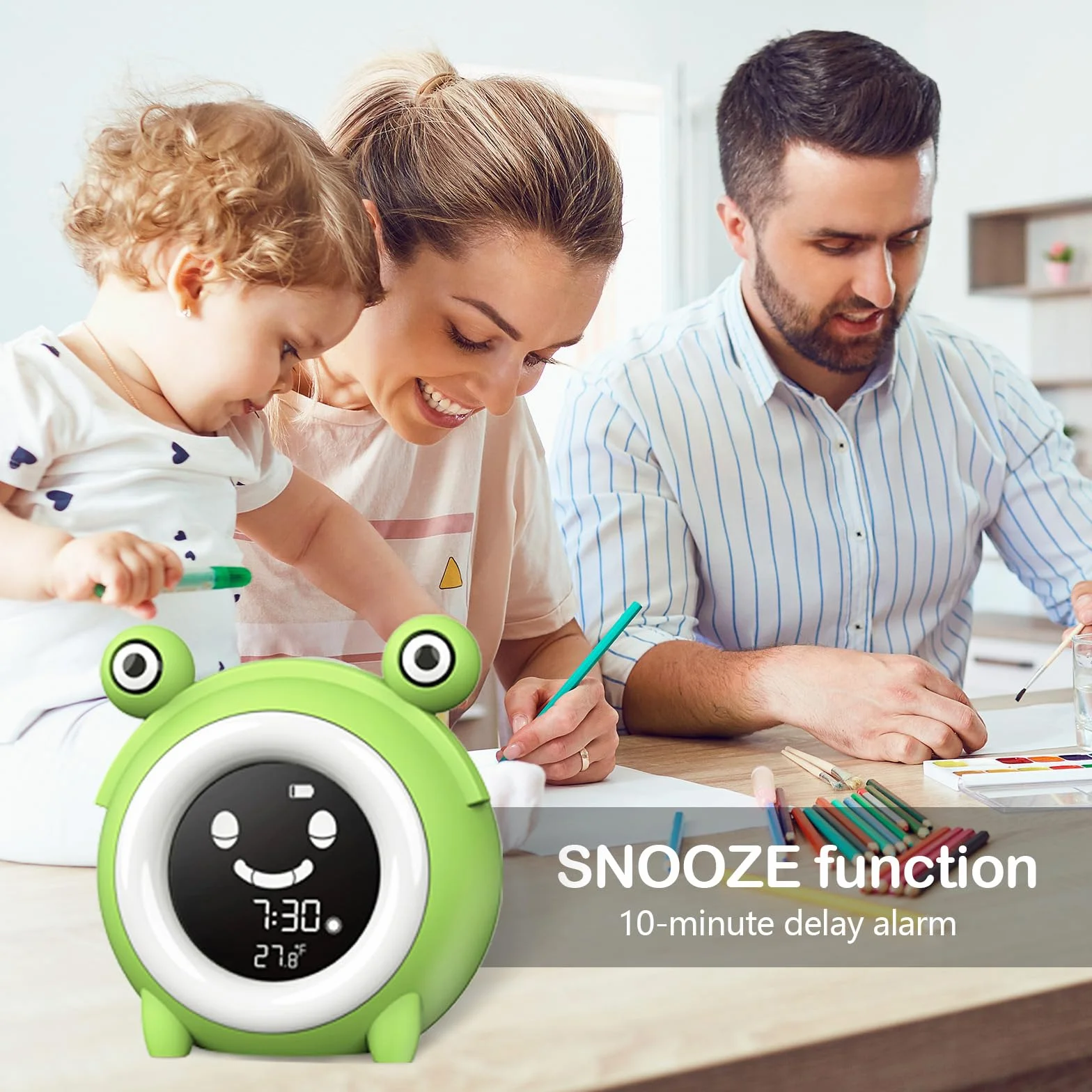 Réveil Enfant Éducatif Jour Nuit avec Emoji, Lampe de Chevet LED 5 Couleurs, Musique, Température, Snooze pour 2-10 Ans