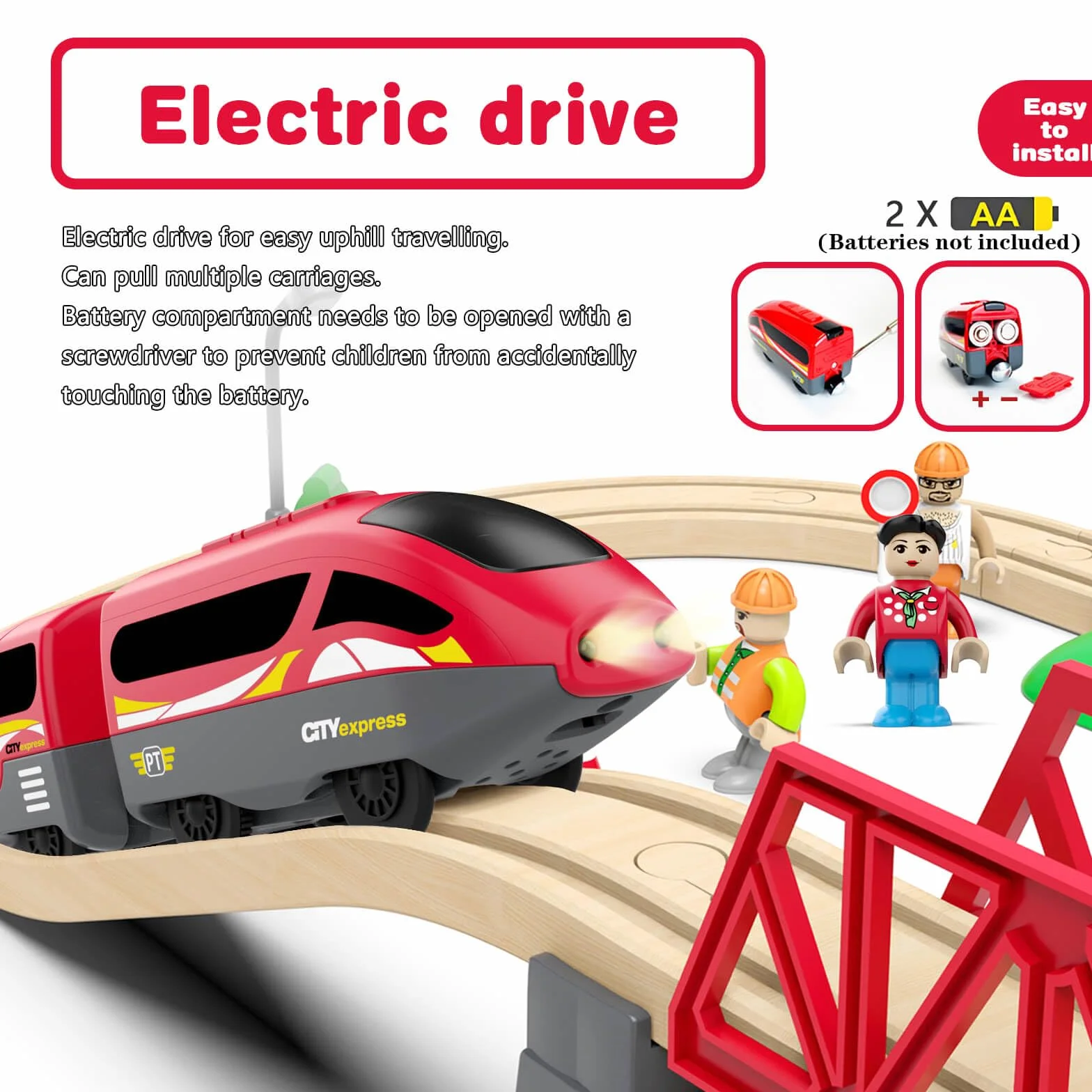 Drewniany elektryczny pociąg na baterie z dźwiękiem i światłami, kompatybilny z Thomas, Brio, czerwony