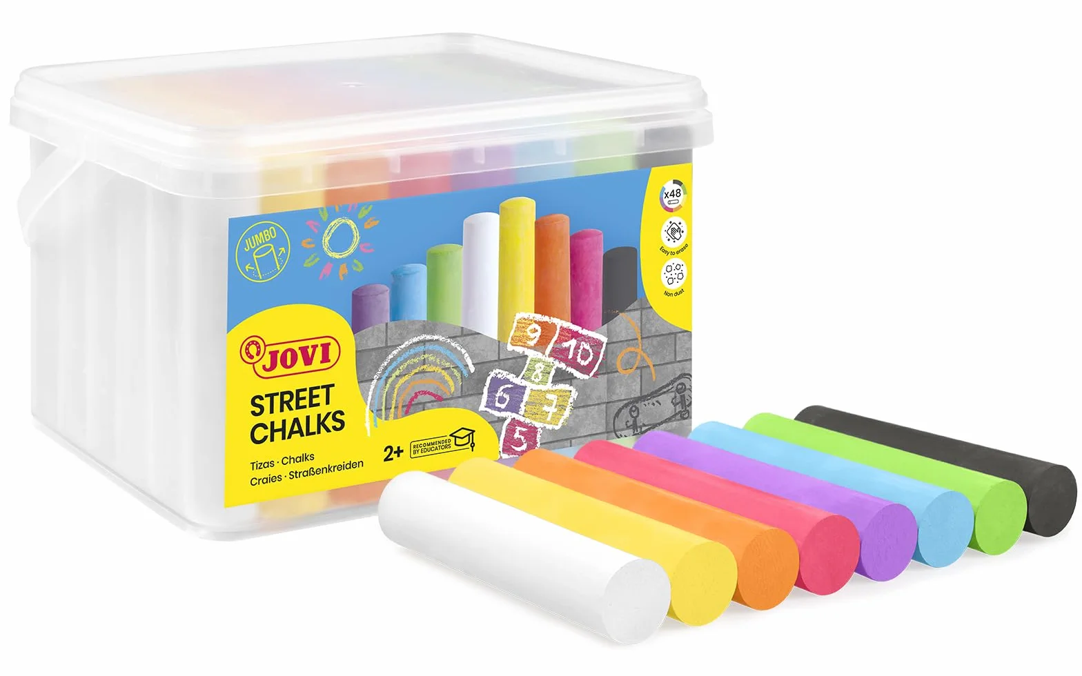 Jovi STREET CHALKS Lot de 48 craies jumbo super épaisses pour peinture de sol, anti-poussière, couleurs vives