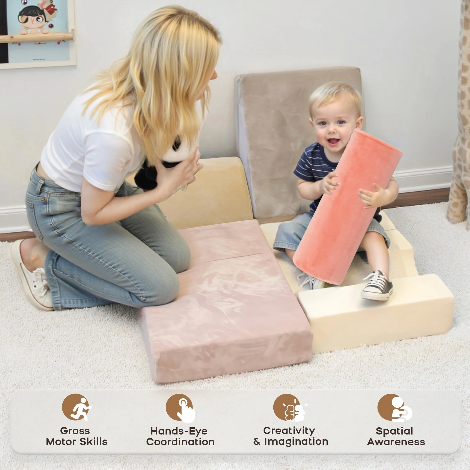 BanaSuper Parcours Motricité Bébé Pliable, 5 Modules en Mousse Douce, Tapis de Jeu & Blocs d'Escalade, Rose