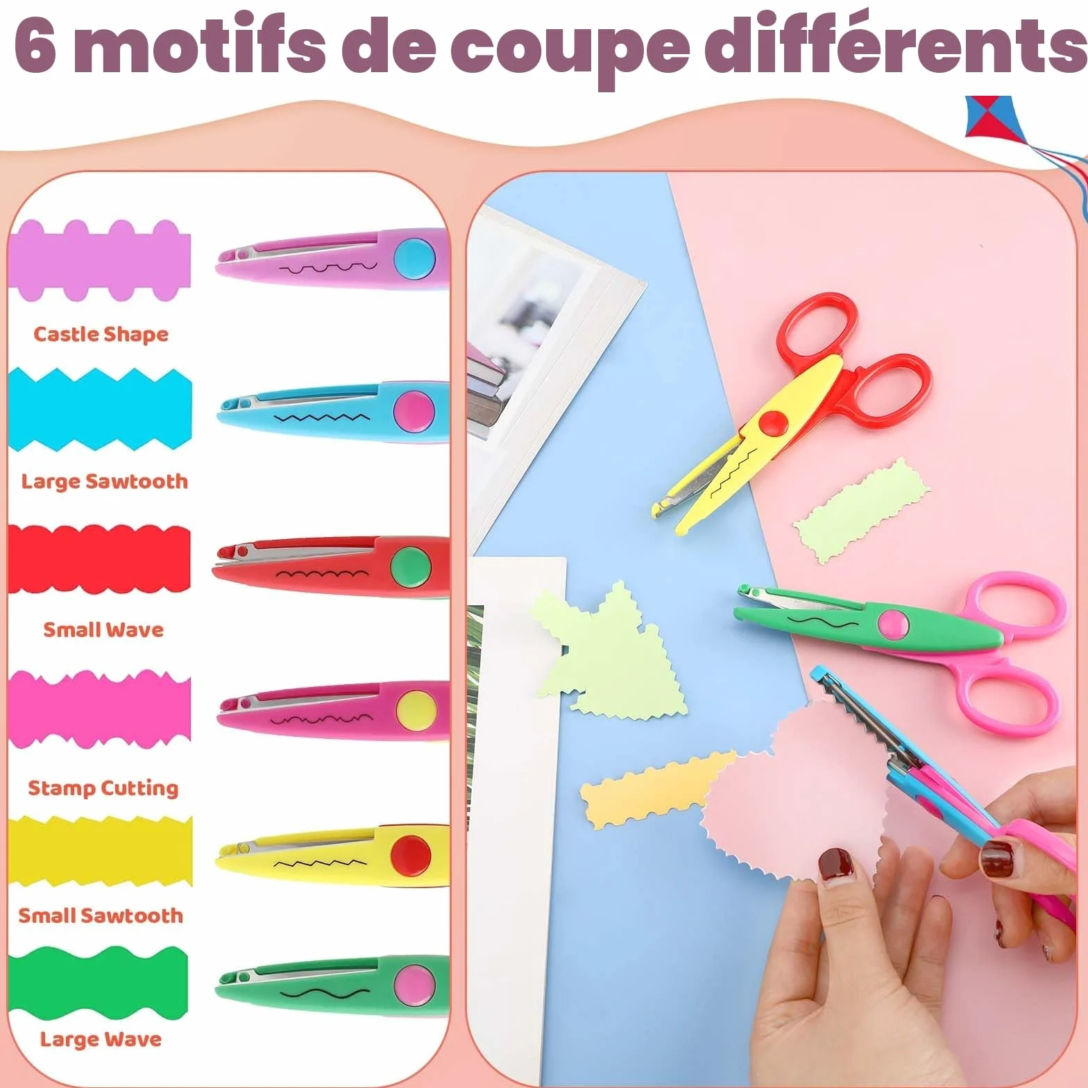 Lot de 6 Ciseaux de Bricolage pour Enfants avec Perforatrices à Papier, 6 Formes de Coupe