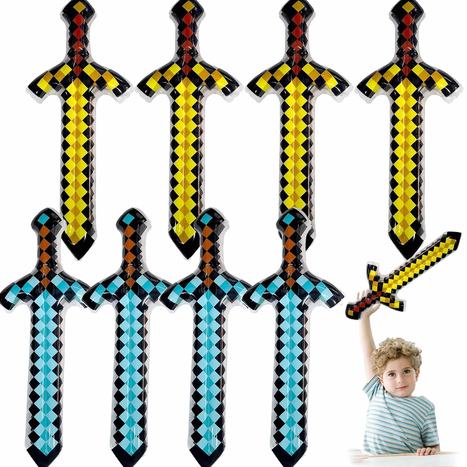 Épée Gonflable Pixel 8 Pièces, Jouets Gonflables Gamer, Accessoires Cosplay, Décoration Anniversaire Halloween (Bleu Jaune)