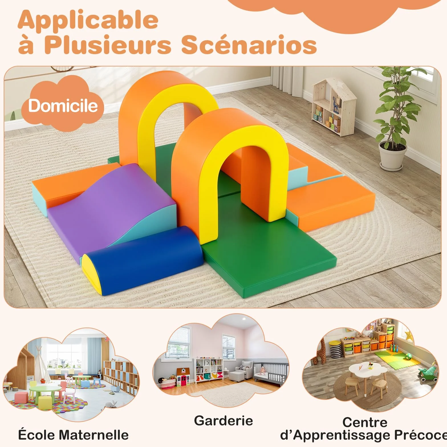 COSTWAY Module Motricité Bébé avec Toboggan & Escalier, Parcours Motricité en Mousse, Jouets Éducatifs Orange