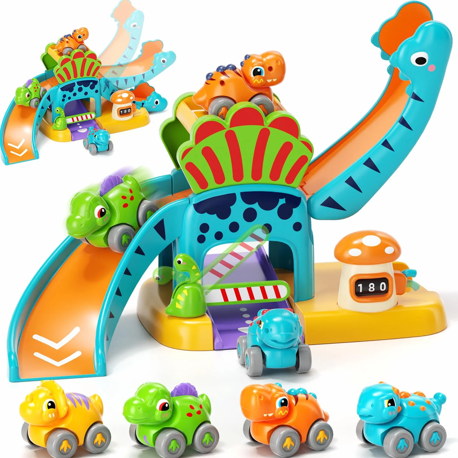 Jeu de Voitures Dinosaures avec Circuit à Toboggan Jouet Éducatif 1-3 Ans Cadeau Enfant 12+ Mois Garçons