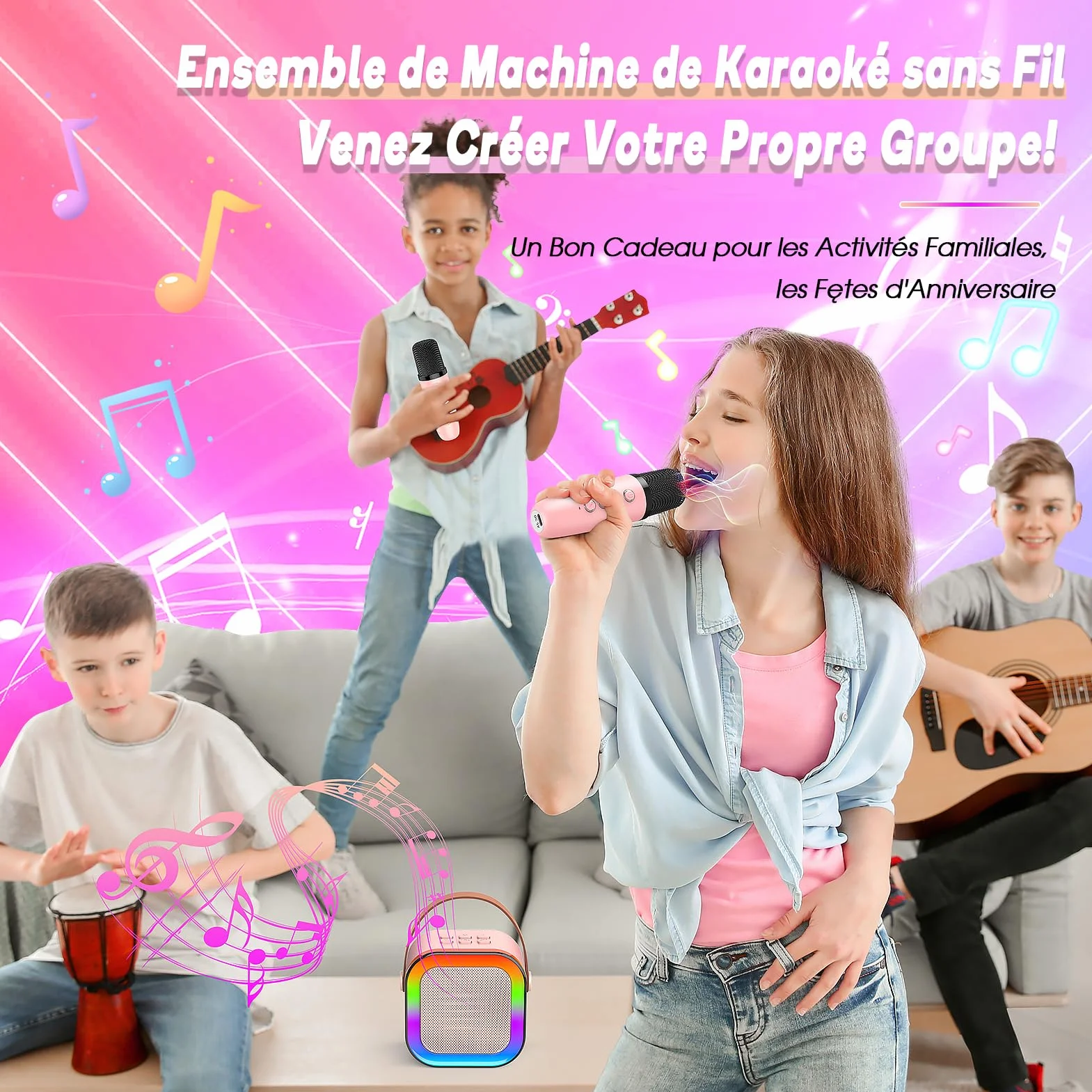 Micro Karaoke Enfant Sans Fil Bluetooth Jouet pour Chanter Anniversaire Fille 3-12 Ans