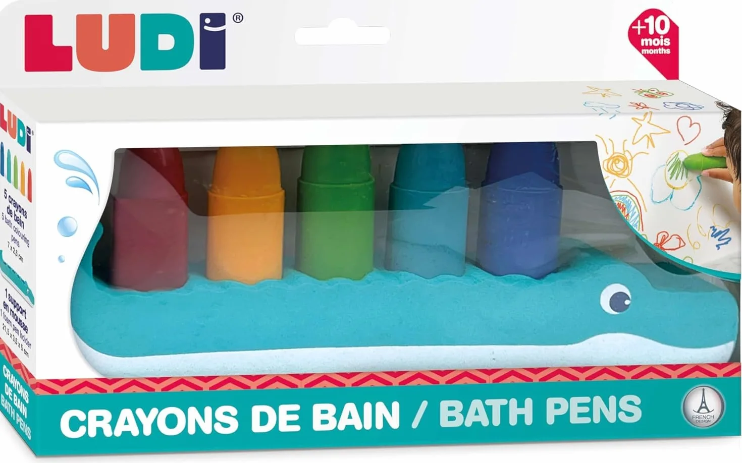 Crayons pour le Bain Effaçables Résistants à l'Eau 5 Crayons Support Crocodile Mousse Dès 10 Mois