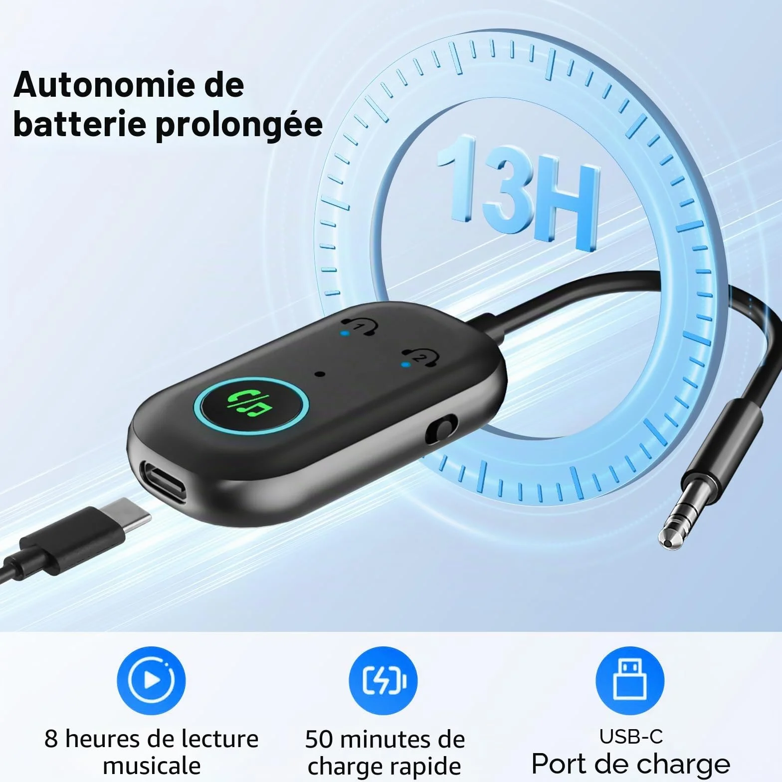 Adaptateur Bluetooth 5.3 2 en 1 Récepteur Emetteur Jack 3.5mm pour AirPods Casques TV PC Voiture
