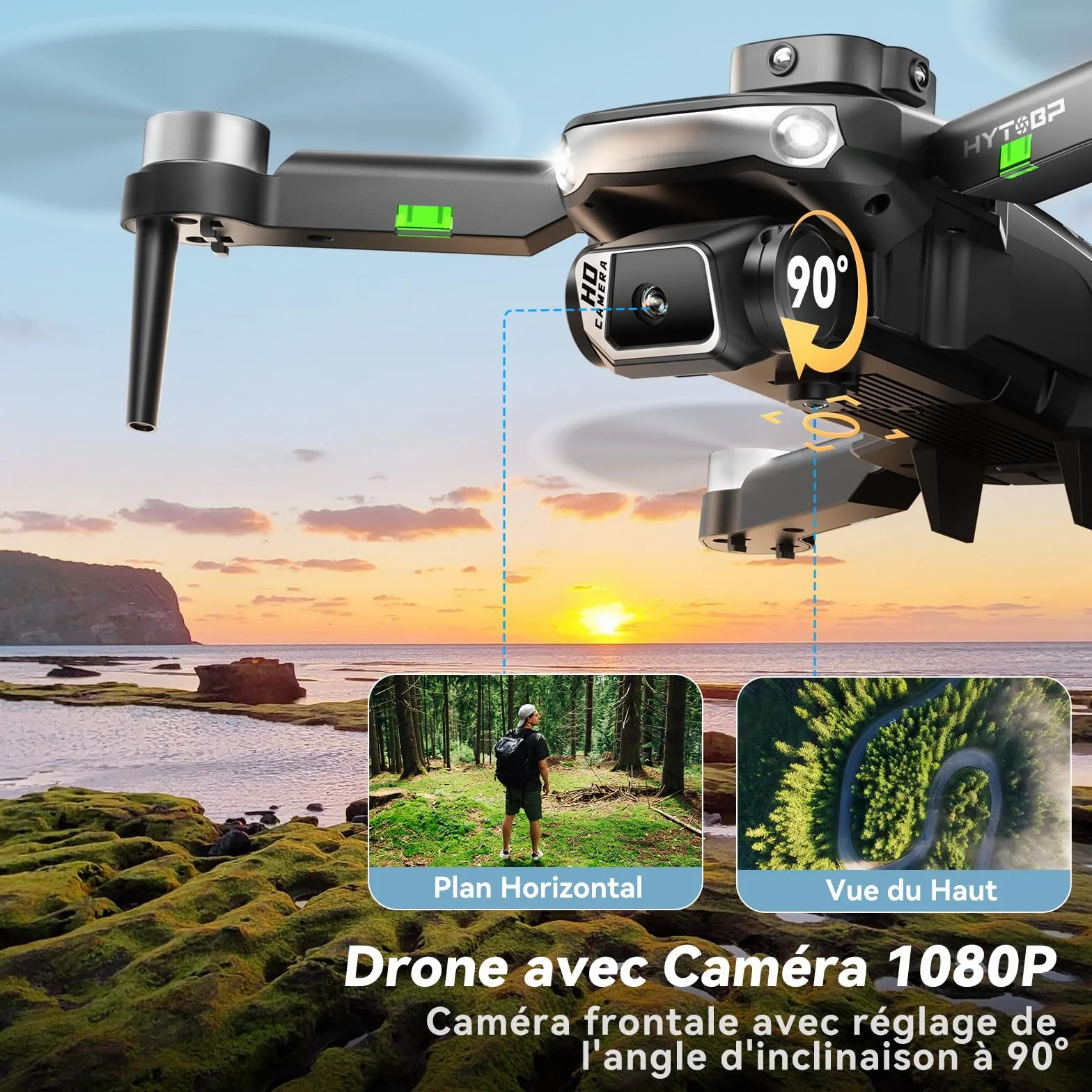 Drone avec caméra 1080p, moteur sans balais, caméra réglable électriquement à 90°, maintien de flux optique, vrille à 360°, 3 batteries, protection d'hélices, drone pour adultes (noir)