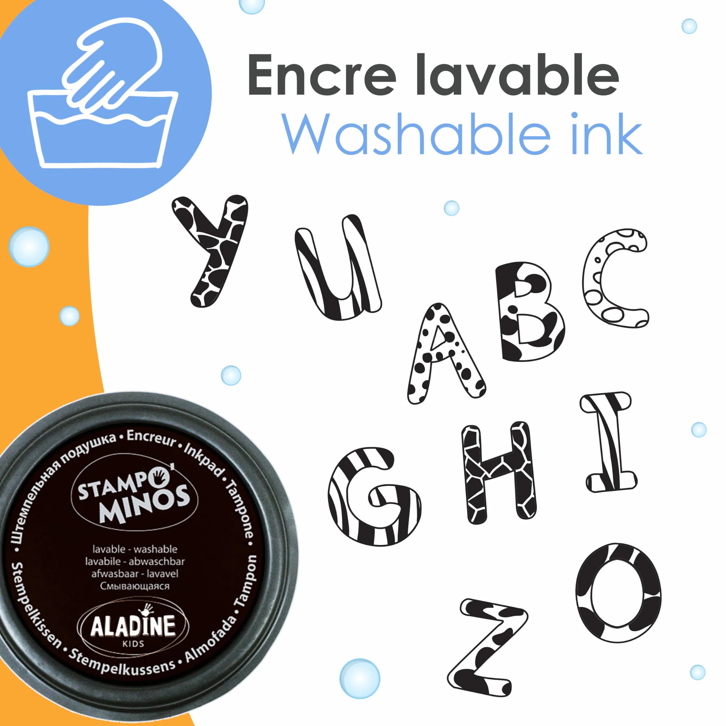 Aladine Stampominos 26 Tampons Lettres Alphabet avec Encreur Encre Lavable pour Enfant dès 4 Ans