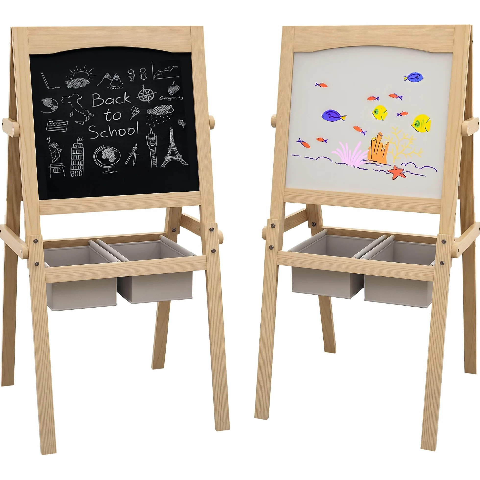 AIYAPLAY Tableau chevalet pour enfants double face bois de pin naturel massif