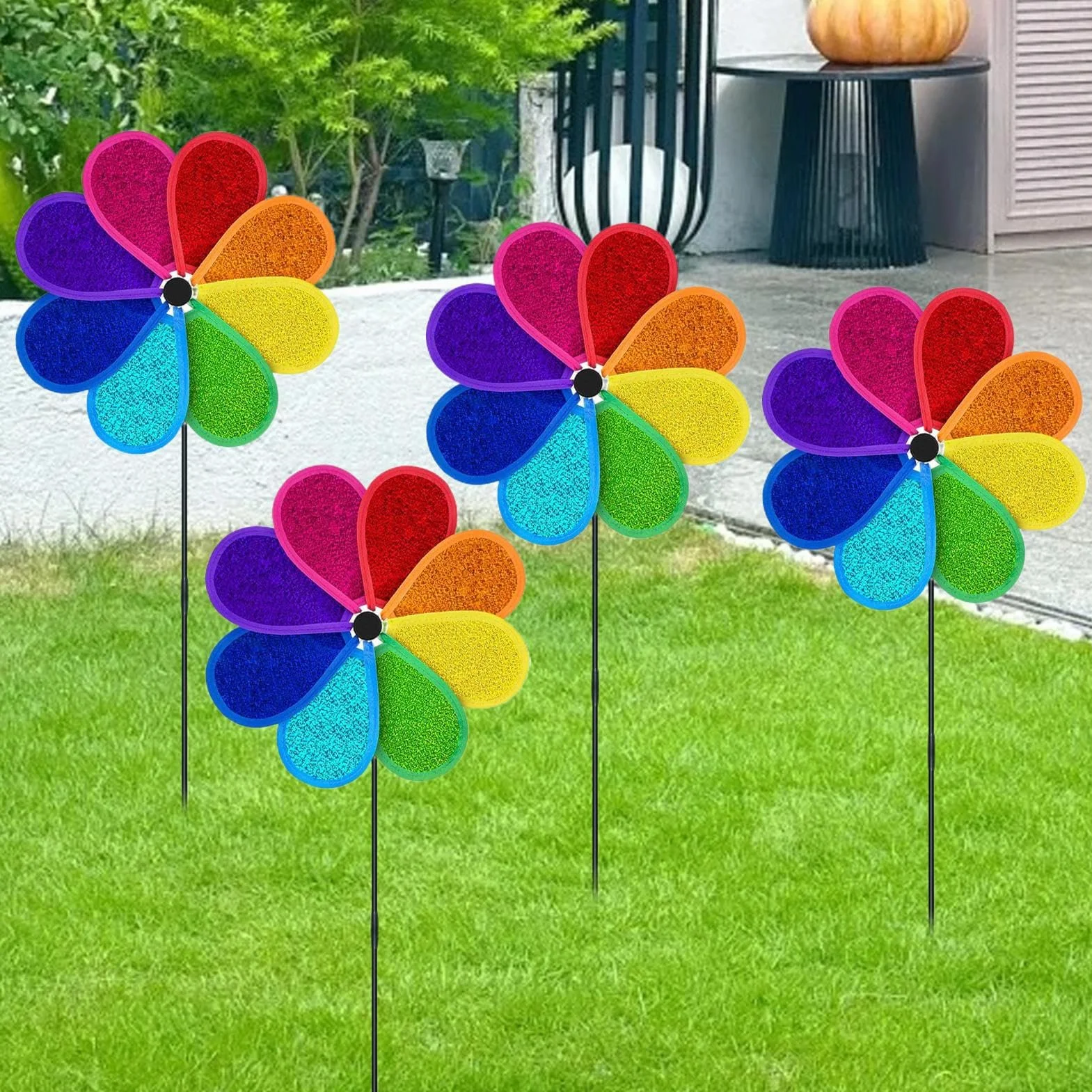 Tourniquets de jardin anti-oiseaux 4 pièces réfléchissant ornement moulin multicolore