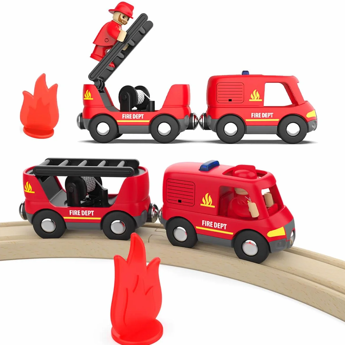 LiRiQi Camion de Pompiers Son et Lumière, Train Magnétique Enfant Compatible Brio Thomas Rails Bois