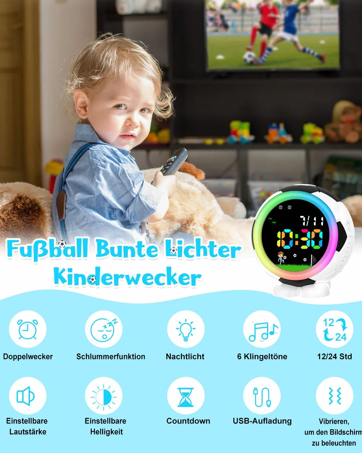 Réveil numérique Football Enfant avec veilleuse Snooze 6 sonneries Double Alarme 12/24h Cadeau garçons Filles
