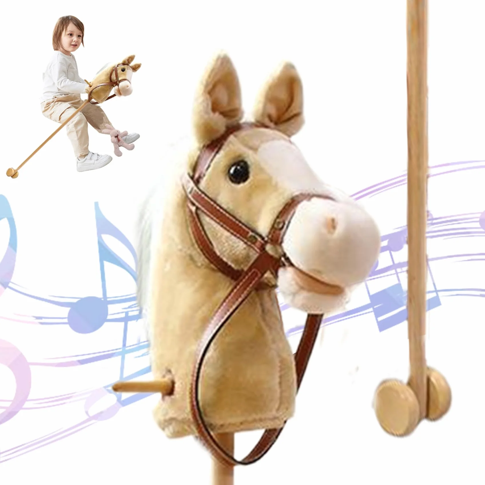 Cheval en bâton 99 cm avec effets sonores, peluche, roues, poteau en bois, jouet à monter pour enfants