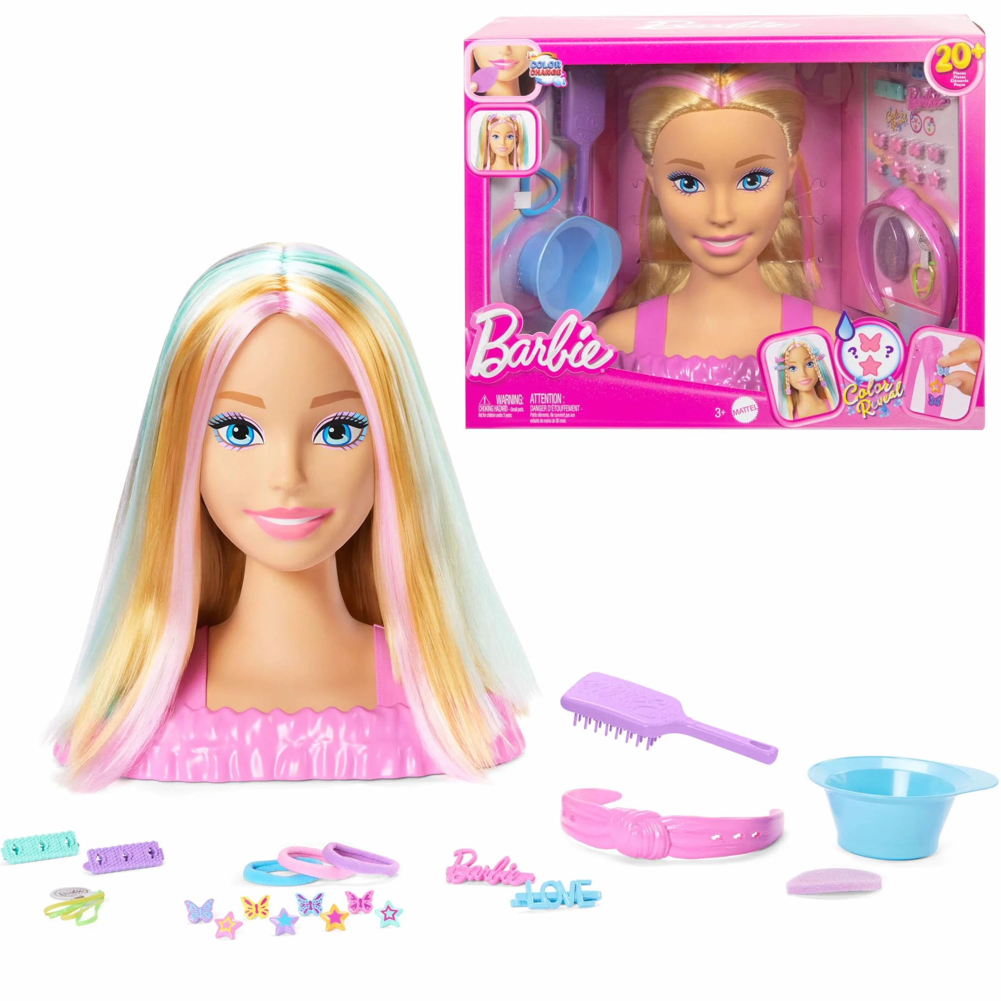 Barbie Tête à Coiffer Color Reveal cheveux blonds 20 accessoires coiffure barrettes étoile papillon changement couleur JFG81