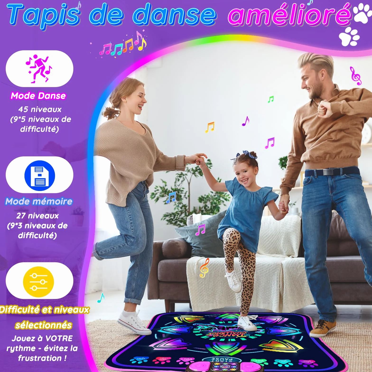 MOMUSE Tapis de Danse pour Enfants 3-8 Ans, Tapis Musical LED, 2 Modes, 9 Niveaux, Cadeau Noël Garçons Filles