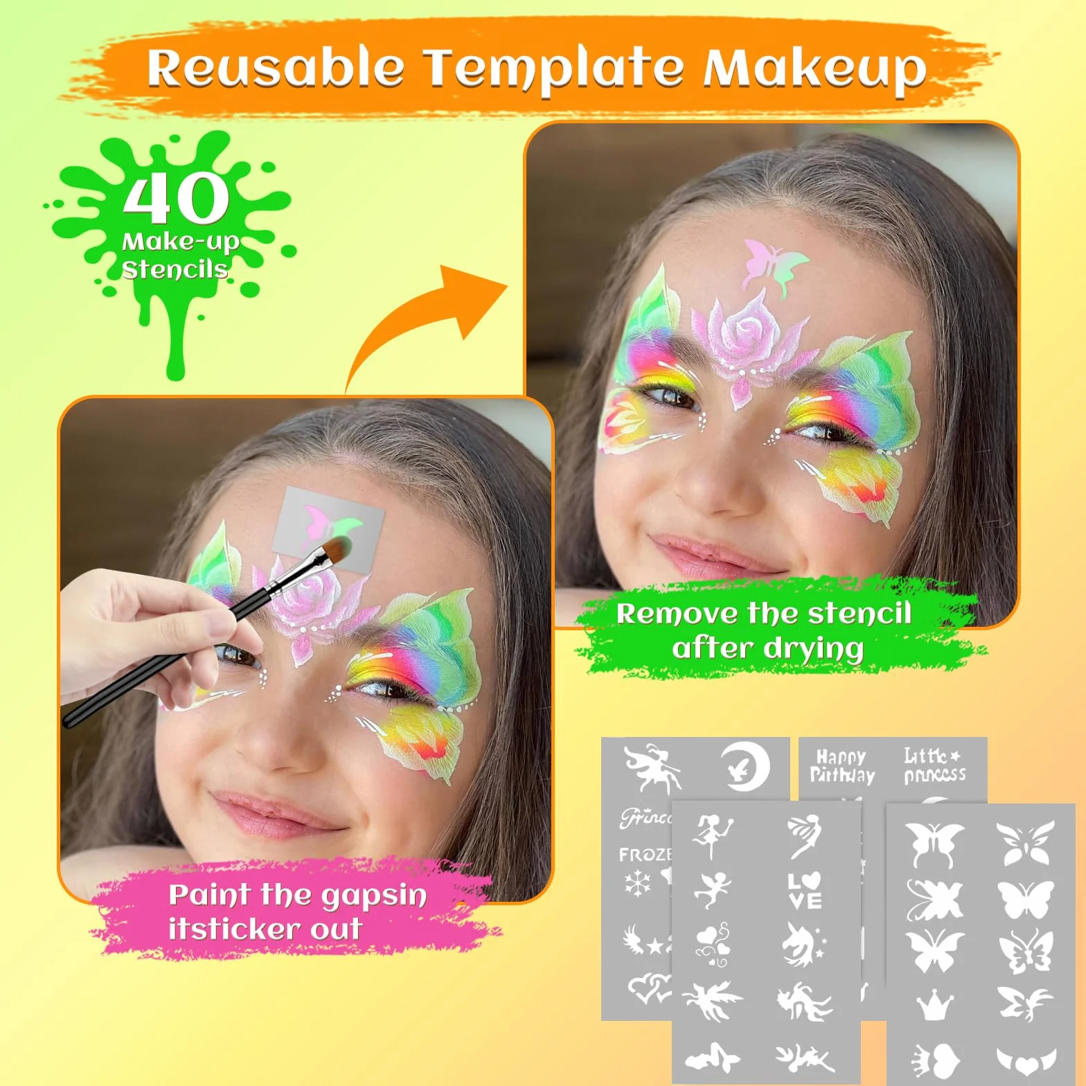 Peinture Corporelle Visage 30 Couleurs Palette Maquillage Enfants avec 4 Pinceaux 40 Pochoirs Bodypainting Halloween Noël Carnaval