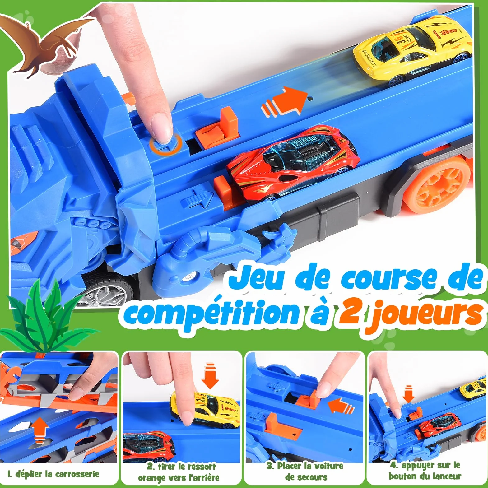 Camion Dinosaure Jouet Enfant 2-6 Ans 150 CM Transport avec 6 Mini Voitures