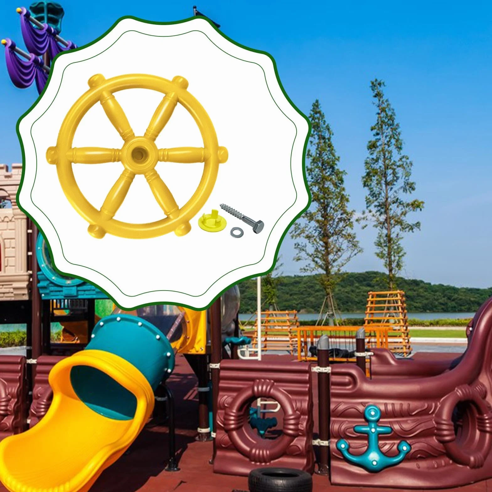 Roue de Bateau Pirate pour Enfants, Volant Gouvernail en Plastique Soufflé, Accessoire de Jeu Extérieur, Jaune
