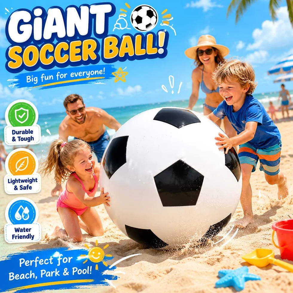 Grand Ballon de Football 100 cm, Ballon Gonflable XXL avec Pompe, Noir et Blanc