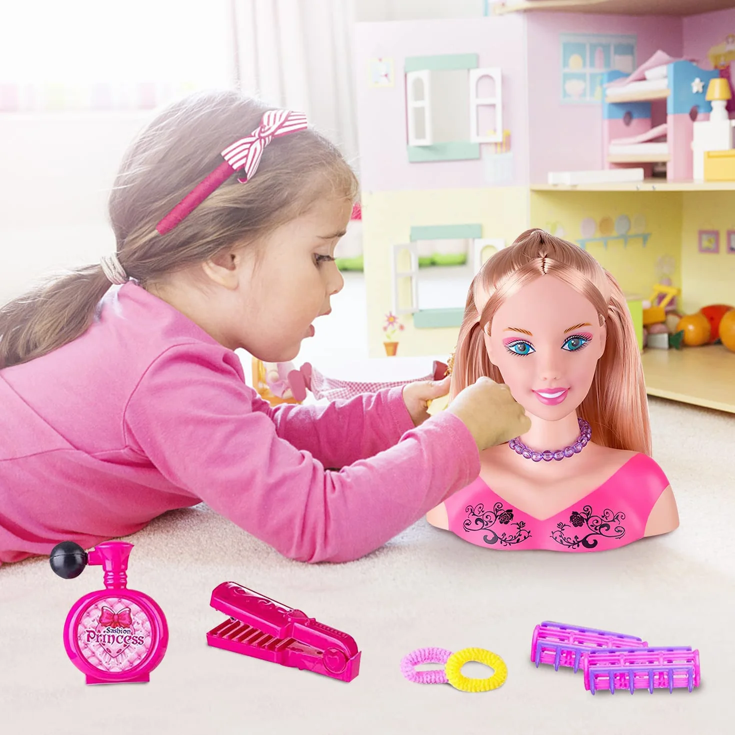 Tête à Coiffer et Maquiller Jeu de Jouets, Poupée Styling Head Hairdressing 35pcs Rose