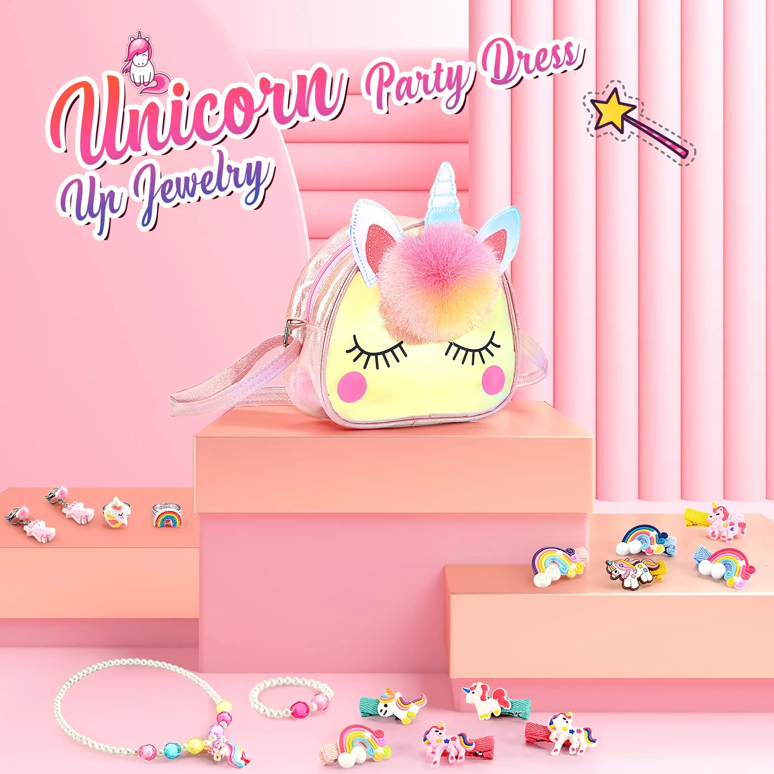 Hapikids Sac à Main Bijoux Enfants Fille Unicorn Collier Bracelet Boucle d'oreille Bagues Kit Cadeau 2-6 Ans