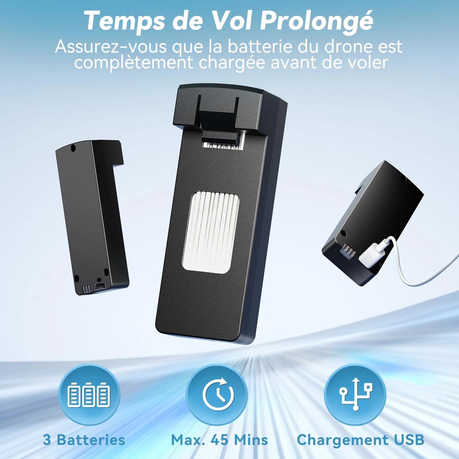 Drone avec caméra 1080p, moteur sans balais, caméra réglable électriquement à 90°, maintien de flux optique, vrille à 360°, 3 batteries, protection d'hélices, drone pour adultes (noir)