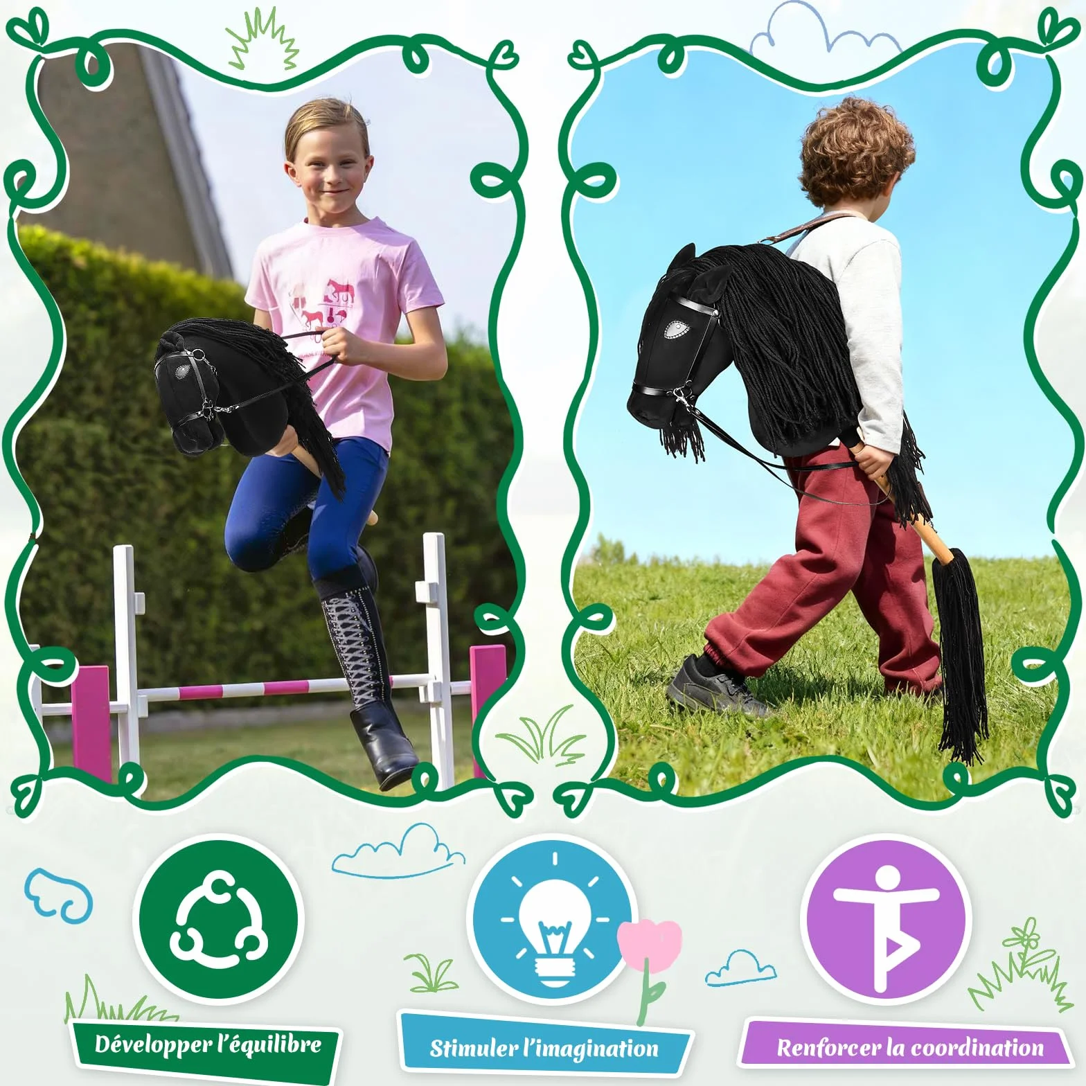Charmofun Cheval Bâton Enfant, Hobby Horse Tête A3 avec Licol Peluche, Jouet Cheval Fille Garçon Marron
