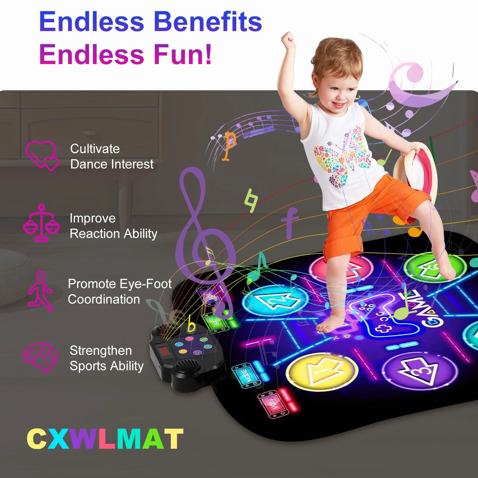 Tapis de Danse pour Enfants 3-8 Ans, Rechargeable Bluetooth avec Batterie Grande Capacité, Musique Lumière