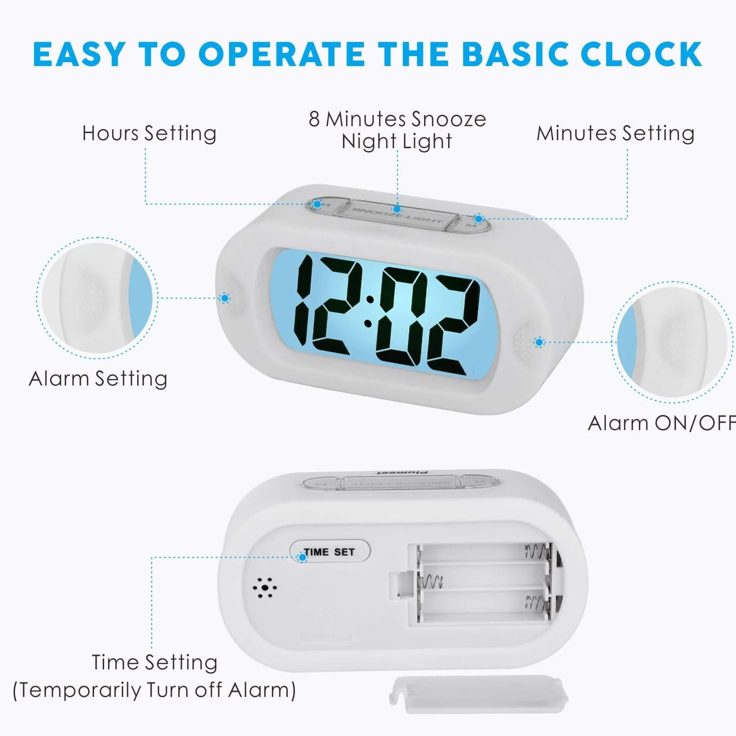 Plumeet Réveil électronique avec Grand écran LCD, Fonction Snooze, Veilleuse, Alimenté par Batterie, Blanc