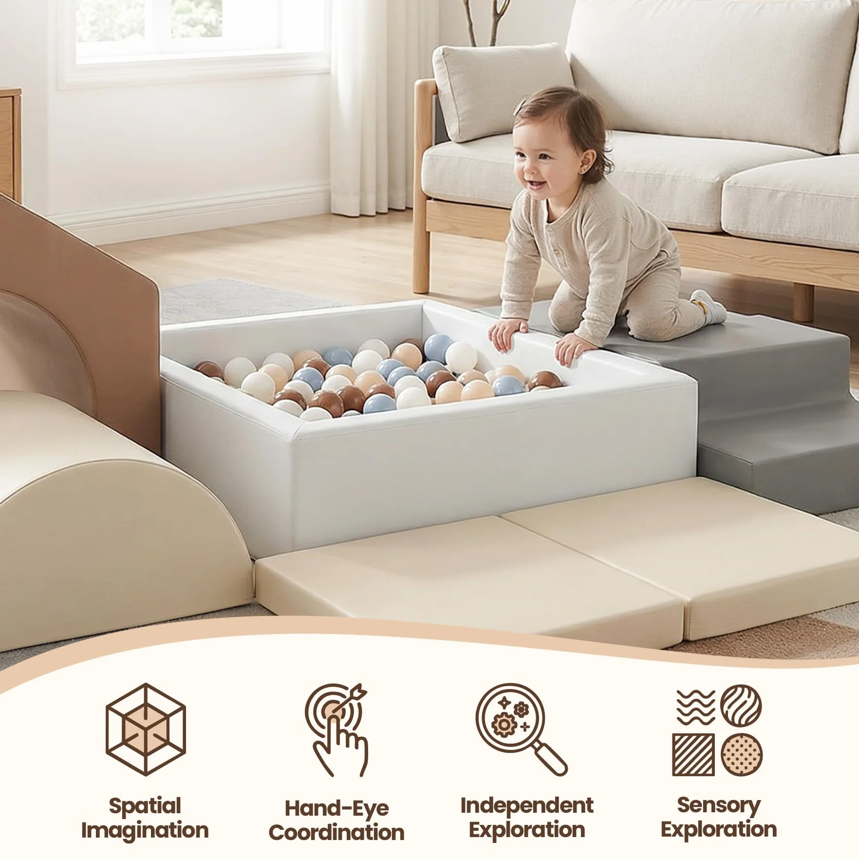Parcours Motricité Bébé 7 Pièces Cuir PU Blocs Mousse Éducatifs avec Piscine à Balles - Structure d'escalade Antidérapante